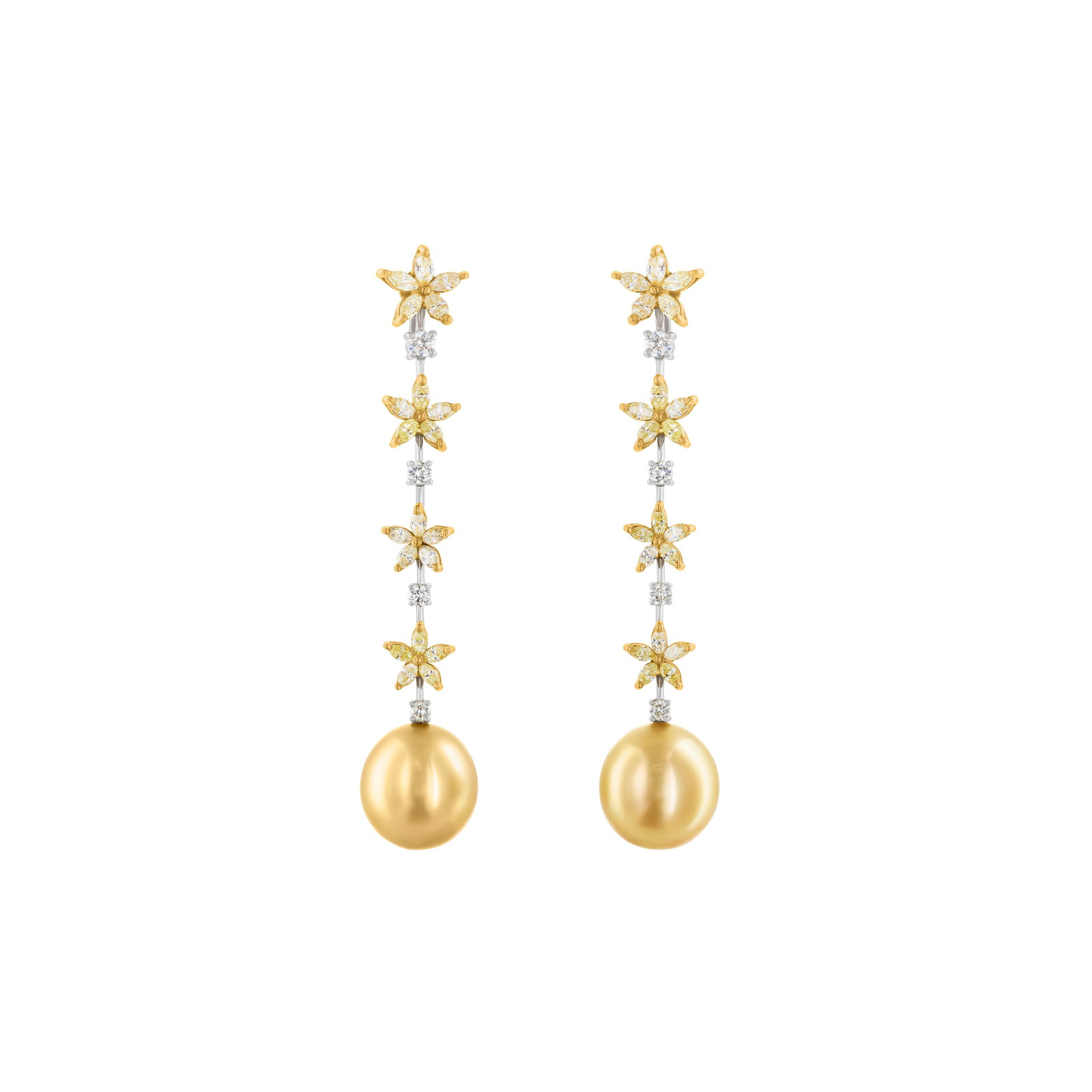 CARTIER COLORED DIAMOND, DIAMOND AND CULTURED PEARL EARRINGS: Details Marquise diamonds of yellow hues, round diamonds, round cultured pearls of approximately 14.34 to 14.14 mm, 18k yellow and white gold, signed Cartier, numbered Colored diamonds: 40 marquise