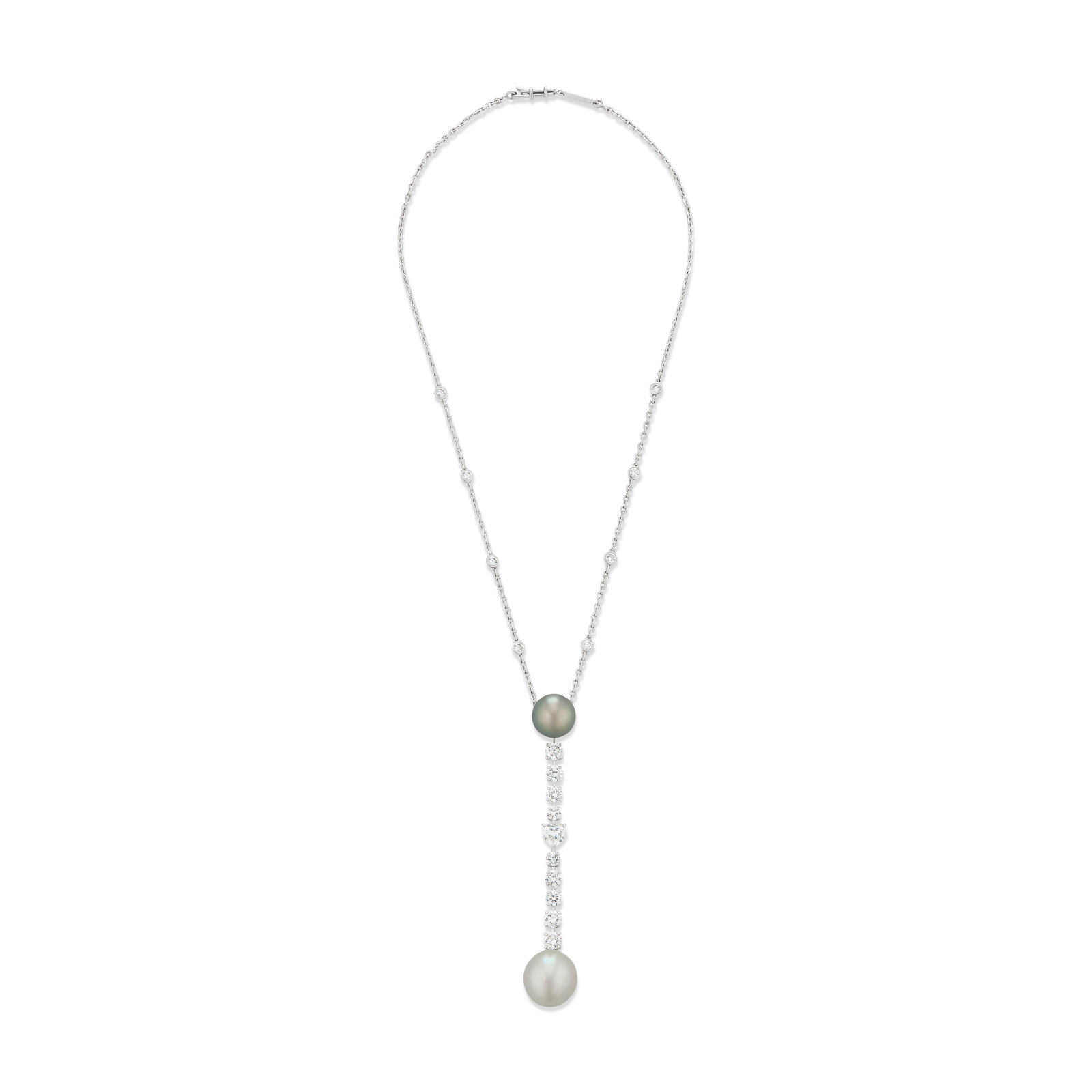 CARTIER DIAMOND AND CULTURED PEARL PENDANT-NECKLACE: Details Near-round cultured pearl of approximately 14.00 x 15.30 mm, round gray cultured pearl of 12.00 mm, round and heart-shaped diamonds, 18k white gold (French marks), signed Cartier, numbered,