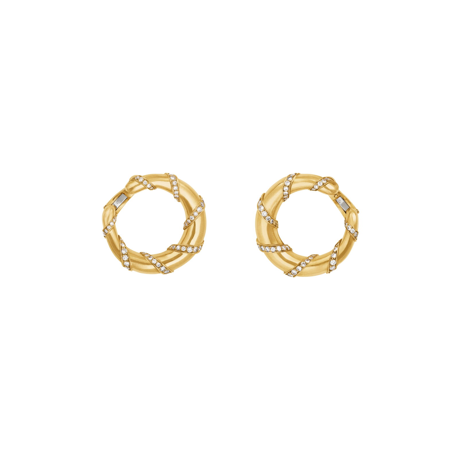 CARTIER DIAMOND AND GOLD HOOP EARRINGS: Details Round diamonds, 18k yellow gold (French mark), signed Cartier, numbered Diamonds: approximately 98 round with approximate total weight of 1.50 - 1.75 carats Size/Dimensions: 3.1 x 3.1 cm
