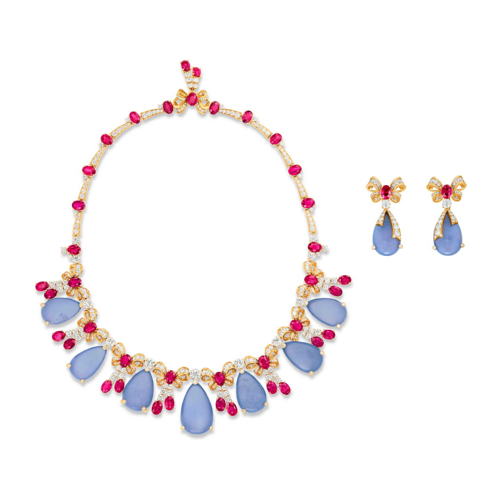 BULGARI SET OF CHALCEDONY, RUBY AND DIAMOND JEWELRY: Details Pear chalcedony cabochons, oval-shaped rubies, round diamonds, 18k rose gold (each with Italian marks, necklace with Swiss mark), each signed Bvgari, Made in Italy, each numbered Rubies