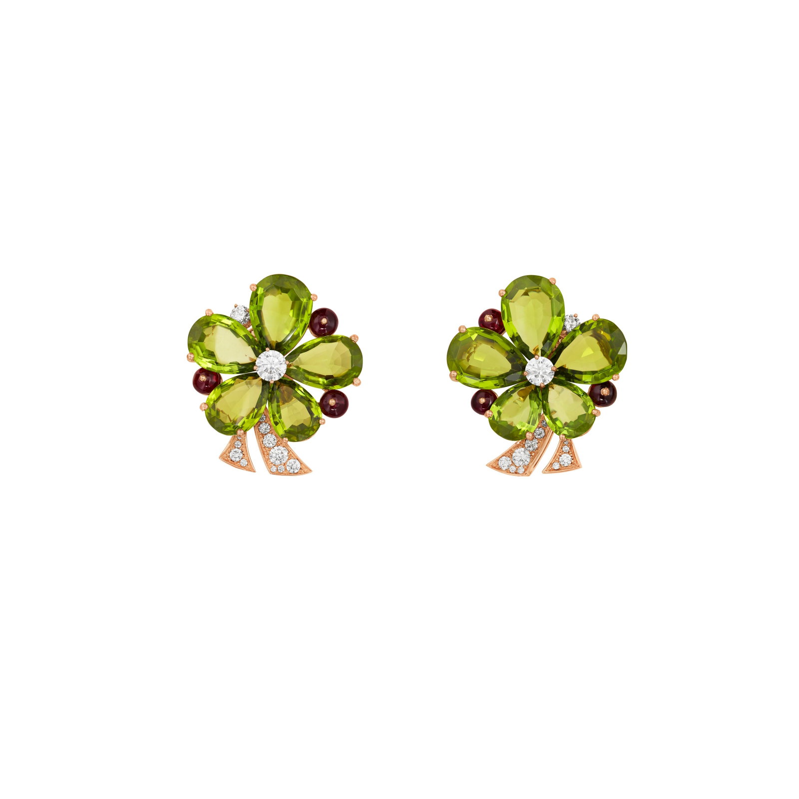 BULGARI PERIDOT, RUBY AND DIAMOND 'FLORA' FLOWER EARRINGS: Details Designed as flowers, pear-shaped peridots, round ruby beads, round diamonds, 18k rose gold (Italian marks), signed Bvlgari, Made in Italy, numbered Diamonds: approximately 26 round with approx