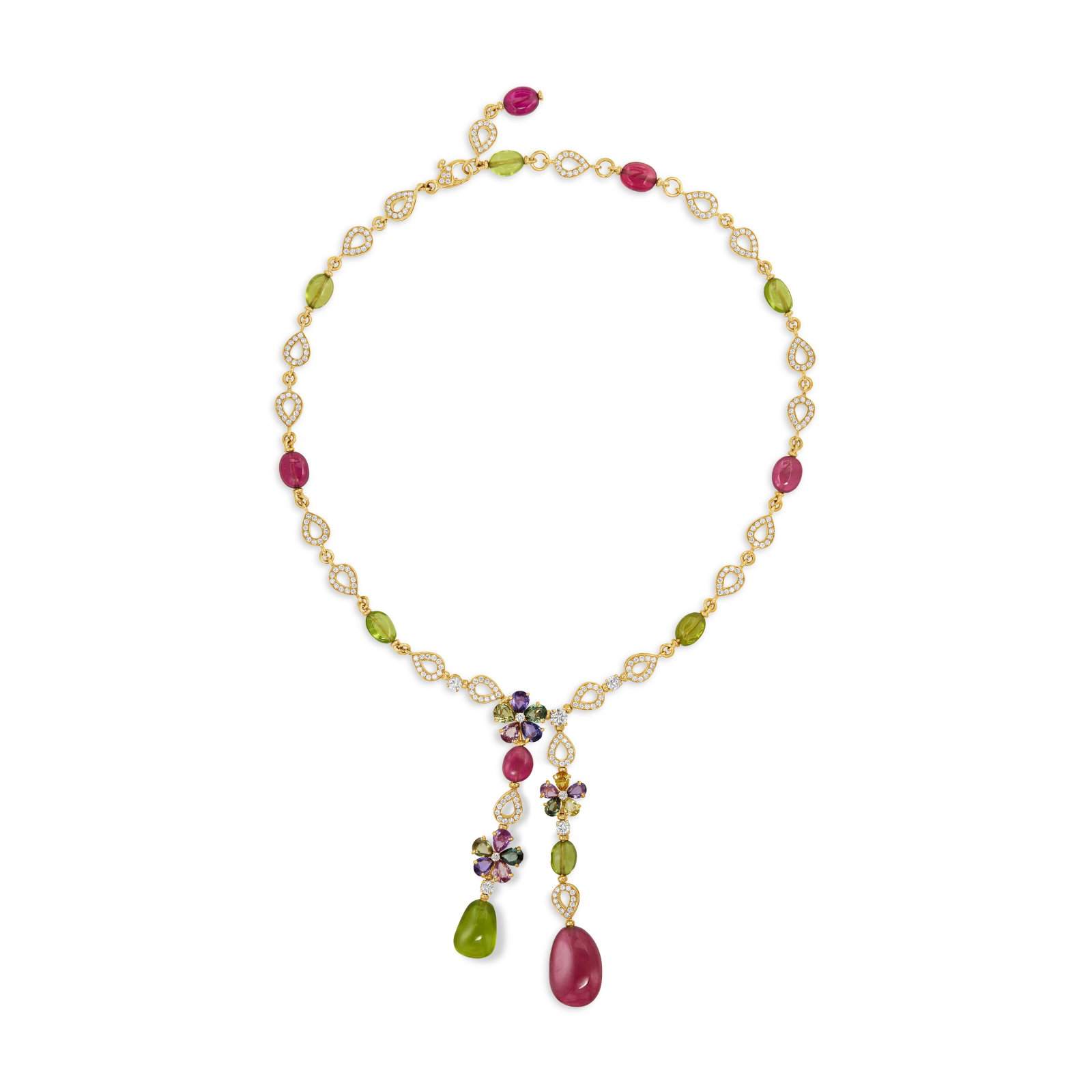 BULGARI MULTI-GEM AND DIAMOND ‘FLORA' PENDANT-NECKLACE: Details Tumbled pink tourmaline and peridot beads, pear-shaped colored sapphires of pink, purple, yellow and green hues, 18k yellow gold (Italian mark), signed Bvlgari, Made In Italy, numbered, neckla