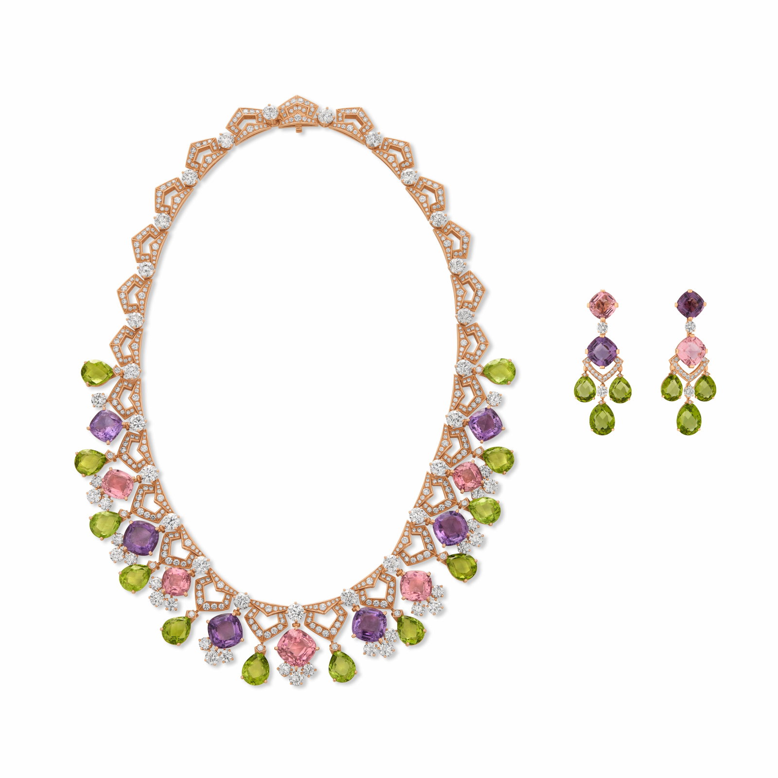 BULGARI SET OF MULTI-GEM AND DIAMOND ‘COLOUR DELIGHT' JEWELRY: Details Cushion-shaped amethysts and pink tourmalines, pear-shaped peridots, round diamonds, 18k rose gold (Italian and Swiss marks), each signed Bvlgari, Made In Italy, each numbered Diamonds (neckla