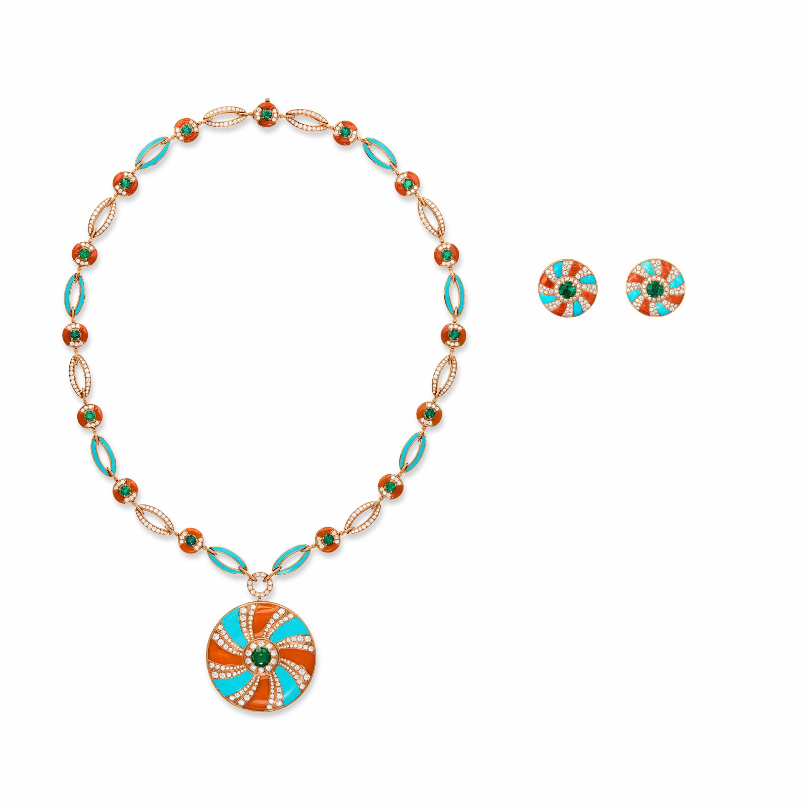 BULGARI SET OF MULTI-GEM AND DIAMOND JEWELRY: Details Variously-shaped coral and turquoise plaques, round emeralds and diamonds, 18k rose gold (Italian assay marks), each signed Bvlgari, Made In Italy, each numbered, purple Bulgari envelope pouch