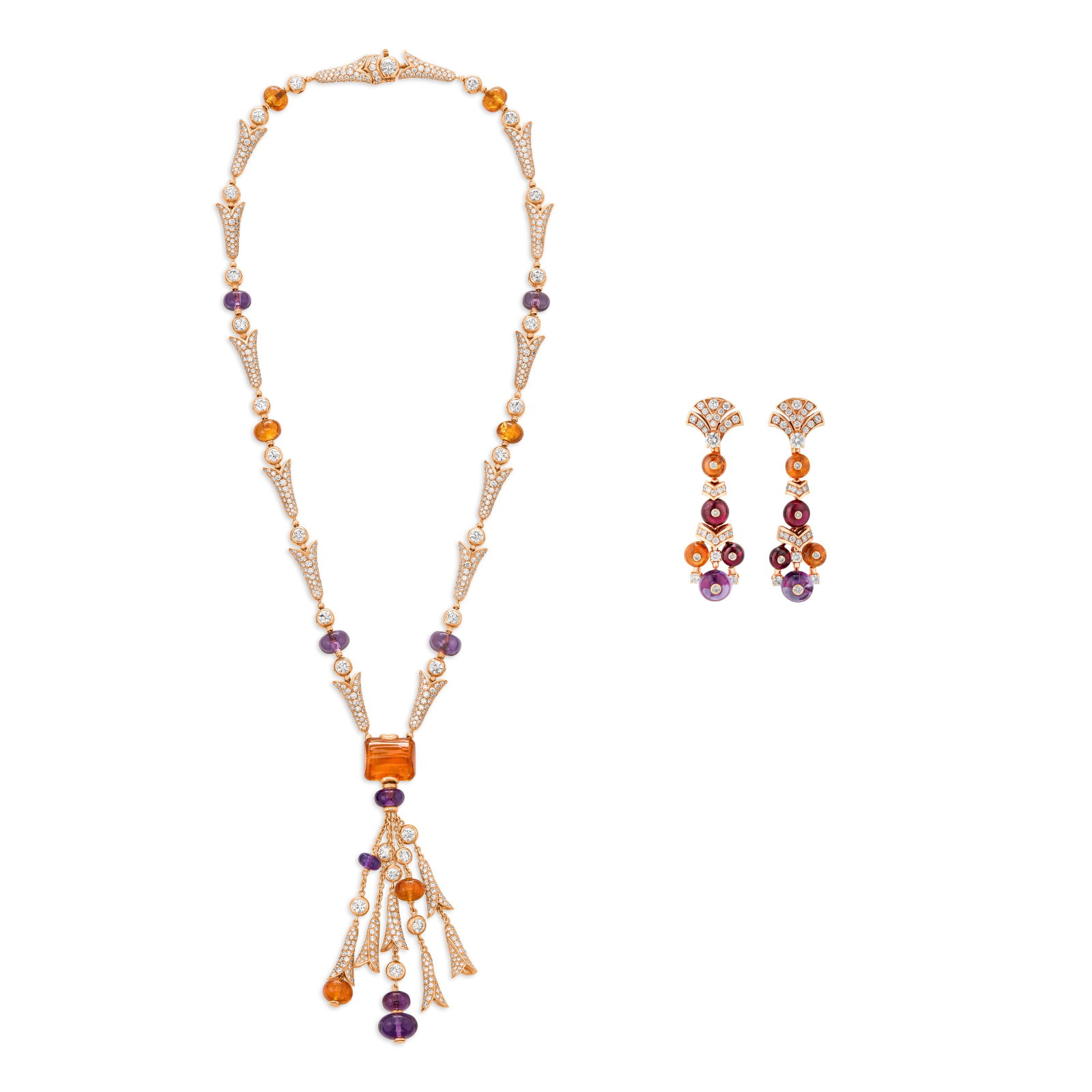 BULGARI SET OF MULTI-GEM AND DIAMOND JEWELRY: Details Rectangular cabochon and round orange garnet beads, round amethyst and pink tourmaline beads, 18k rose gold (Italian and Swiss marks), each signed Bvlgari, Made In Italy, each numbered Diamond
