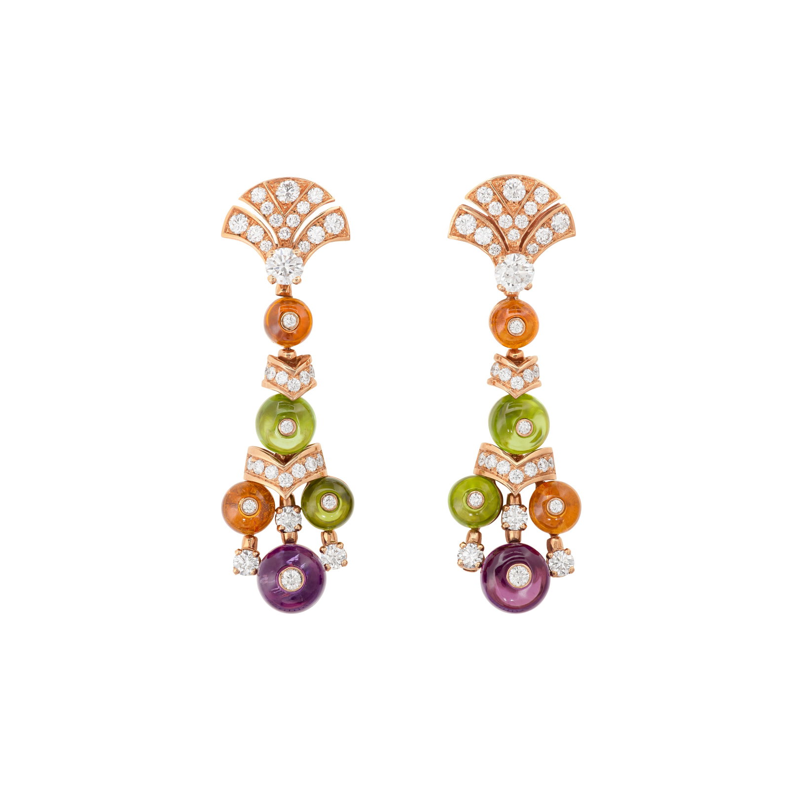 BULGARI MULTI-GEM AND DIAMOND EARRINGS: Details Round citrine, peridot and amethyst rondelle beads, round diamonds, 18k rose gold (Italian marks), signed Bvlgari, Made in Italy, numbered Diamonds: approximately 74 round with approximate tot