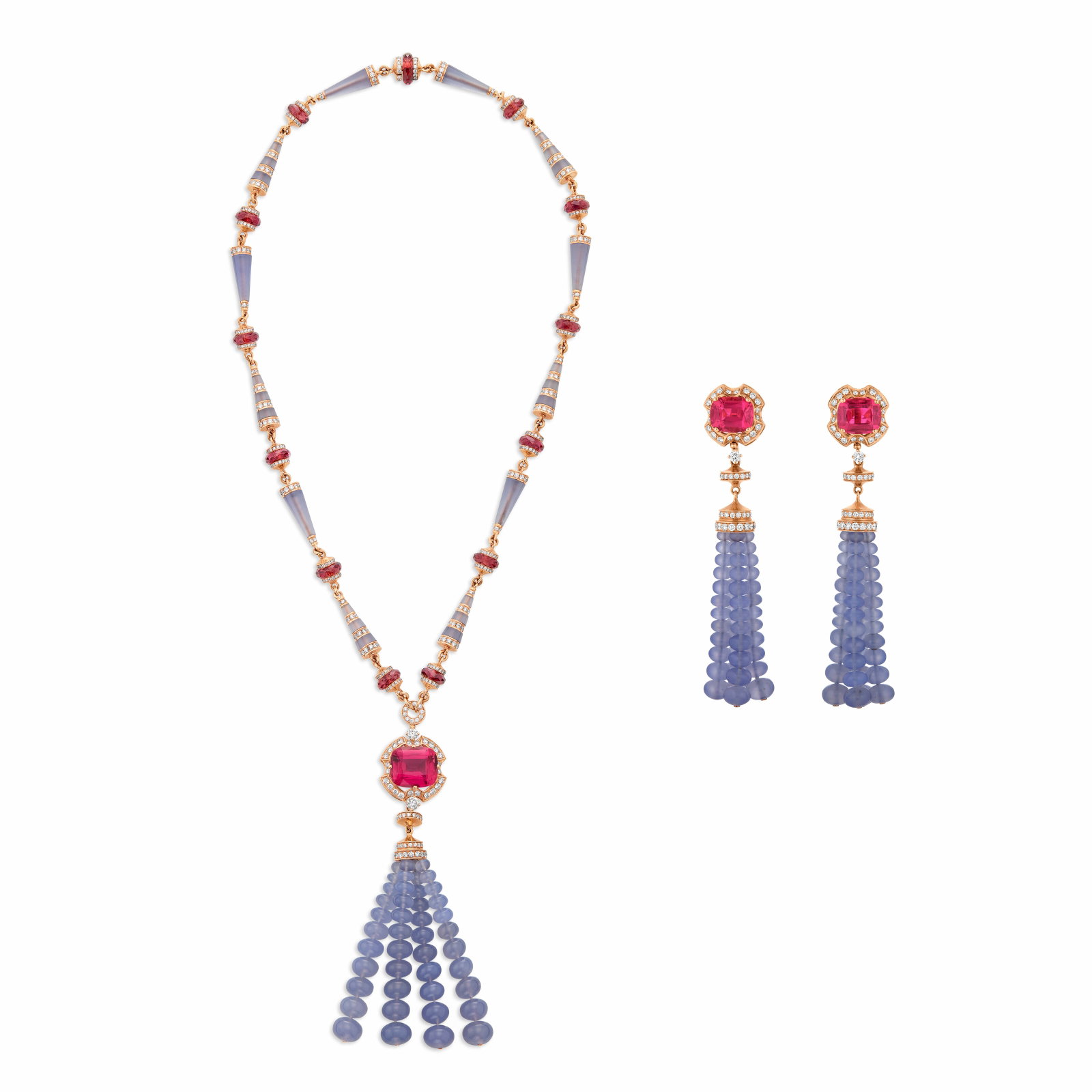 BULGARI SET OF PINK TOURMALINE, CHALCEDONY AND DIAMOND TASSEL JEWELRY: Details Cushion-shaped pink tourmalines and faceted pink tourmaline rondelle beads, round blue calcedony rondelle beads and cone-shaped blue chalcedony beads, round diamonds, 18k rose gold (each with 