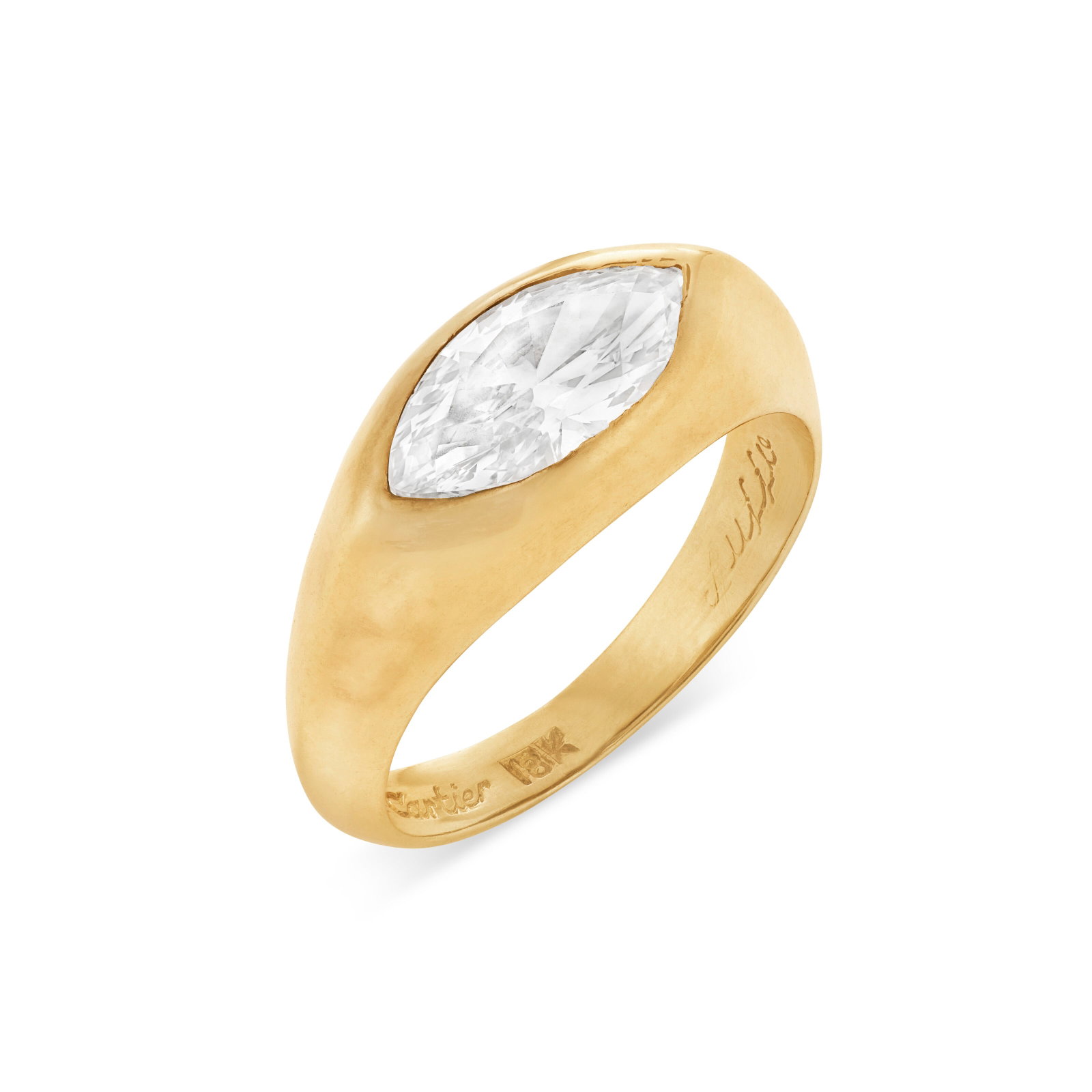 CARTIER DIAMOND RING: Details Marquise-shaped diamond, 18k yellow gold, signed Cartier, numbered Diamond: with approximate measurements of 11.18 x 5.40 x 3.33 mm with approximate total weight of 1.25 - 1.75 carats