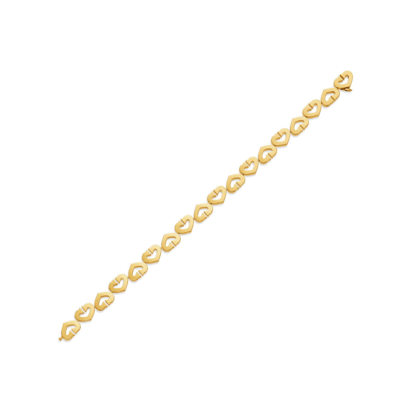 CARTIER SET OF GOLD HEART JEWELRY: Details Each of alternating heart motifs, 18k yellow gold (ring with Italian marks), each signed Cartier, each numbered Size/Dimensions: bracelet 17.8 cm (7 in); US ring size 61⁄2 Gross Weight:
