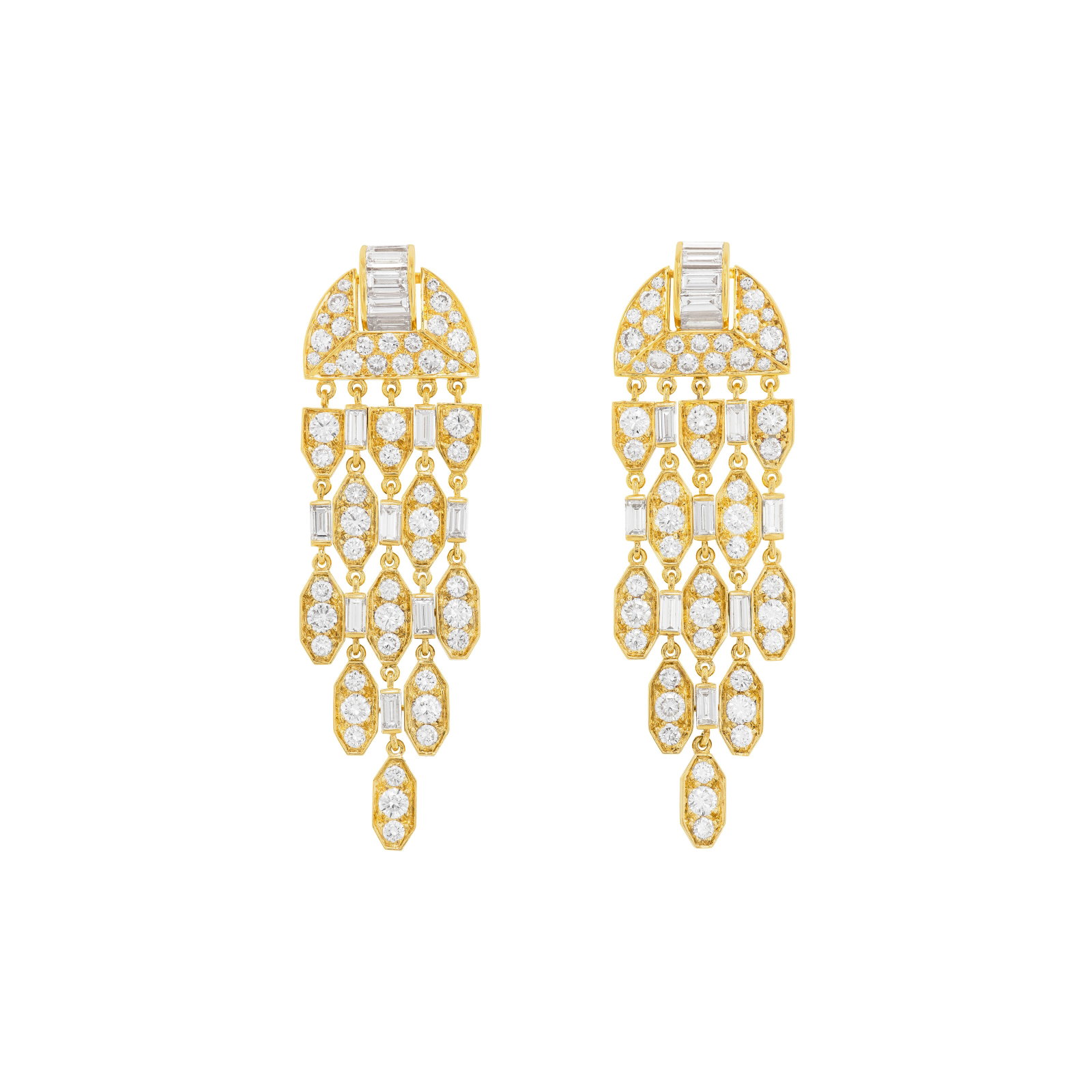 CARTIER DIAMOND CHANDELIER EARRINGS: Details Round and baguette-cut diamonds, 18k yellow gold (French marks), signed Cartier, maker's mark, numbered Diamonds: approximately 102 round and 26 baguette-cut with approximate total weight of