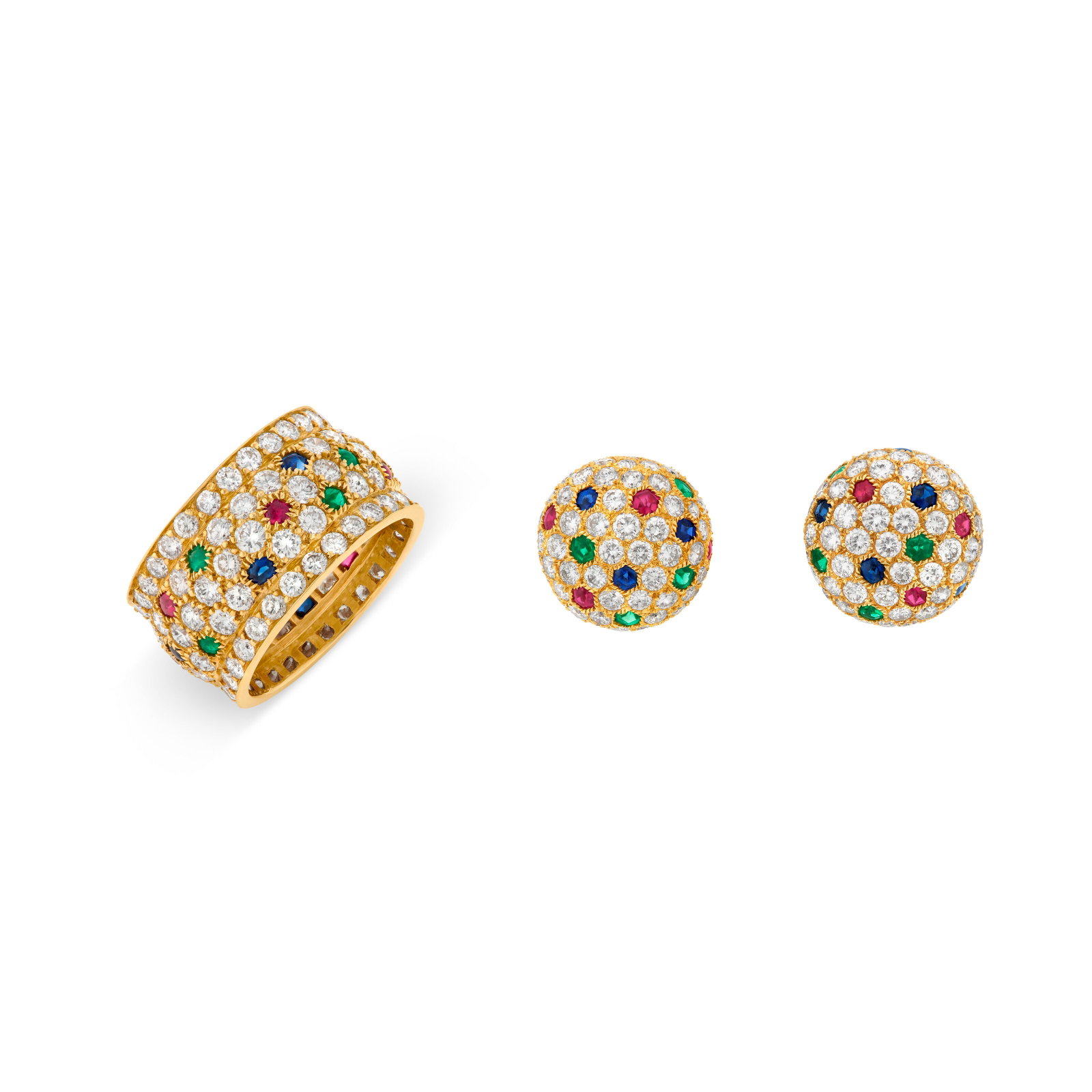 CARTIER MULTI-GEM AND DIAMOND 'BAGHEERA' EARRINGS AND 'NIGERIA' RING: Details Buff-top rubies, sapphires and emeralds, round diamonds, 18k yellow gold (each with French mark), each signed Cartier, each with maker's mark (partially indistinct), each numbered Cartier,