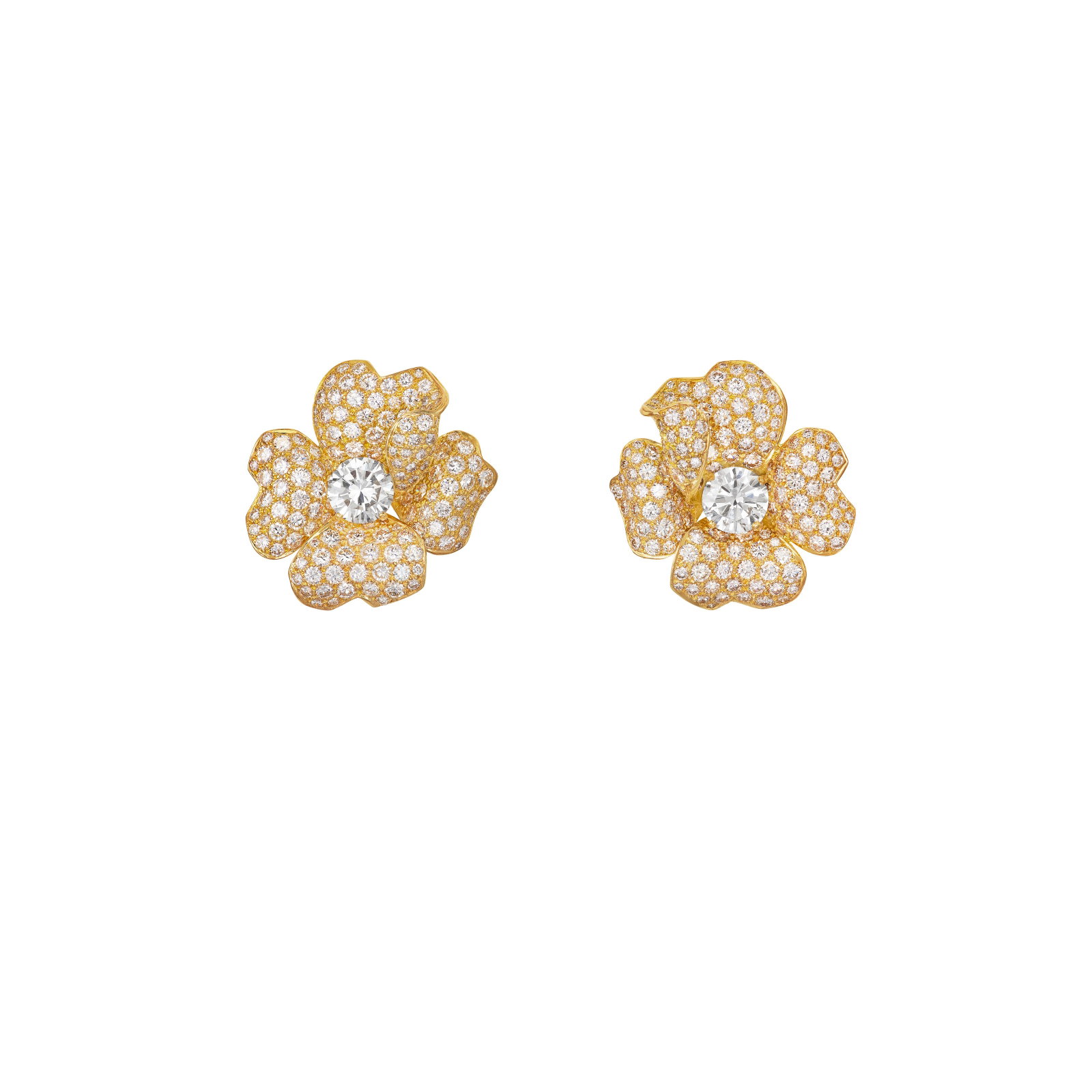 CARTIER DIAMOND FLOWER EARRINGS: Details Round diamonds, 18k yellow gold (French marks), signed Cartier, maker's mark (Lully Joaillier), numbered Diamonds: two largest round with an approximate total weight of 2.75 – 3.00