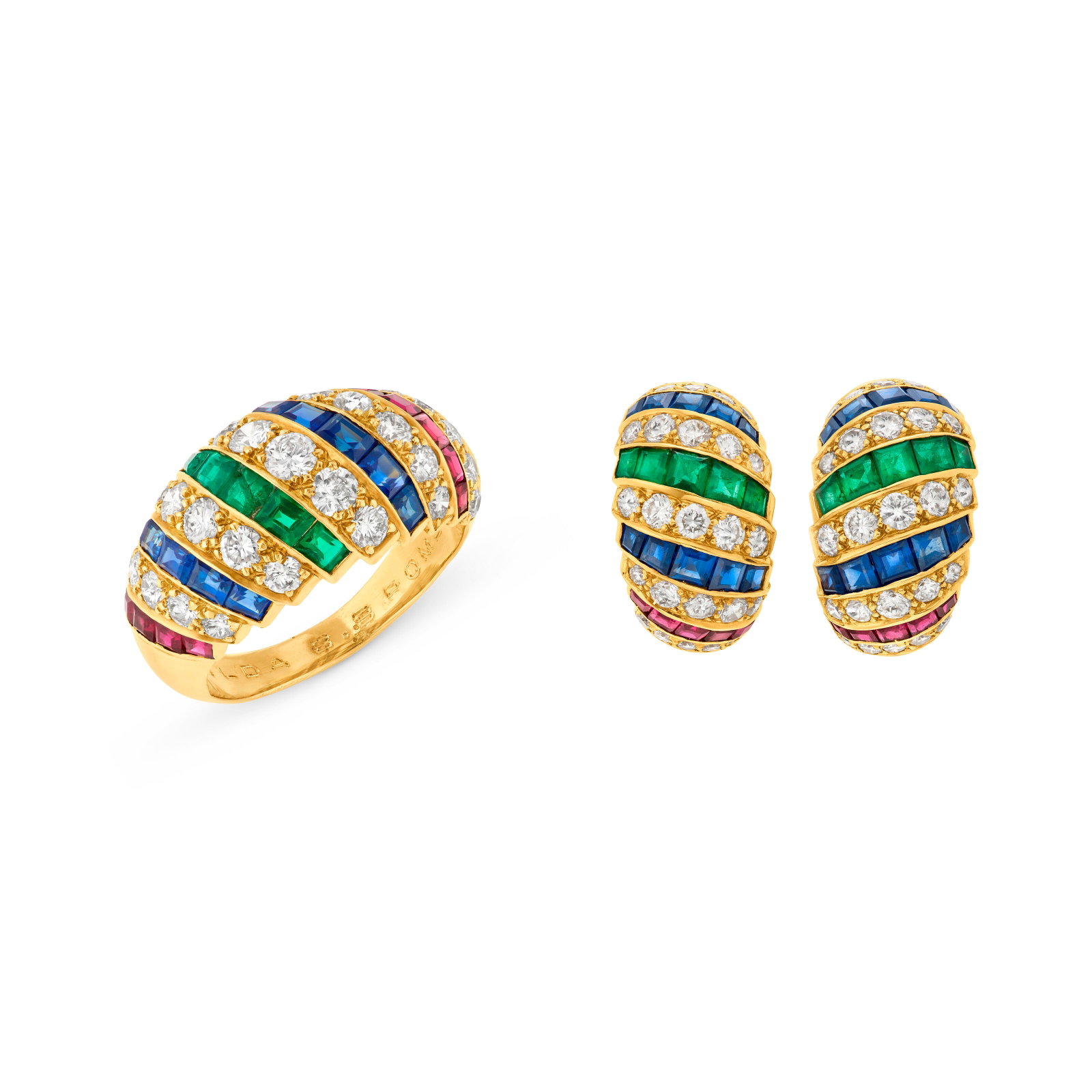 CARTIER MULTI-GEM AND DIAMOND 'TURBAN' HOOP EARRINGS WITH AN UNSIGNED MULTI-GEM AND DIAMOND RING: Details Calibré-cut sapphires, rubies and emeralds, round diamonds, 18k yellow gold (French marks), signed Cartier, maker's mark (Jean-Claude Janot), numbered; accompanied by an unsigned ring of