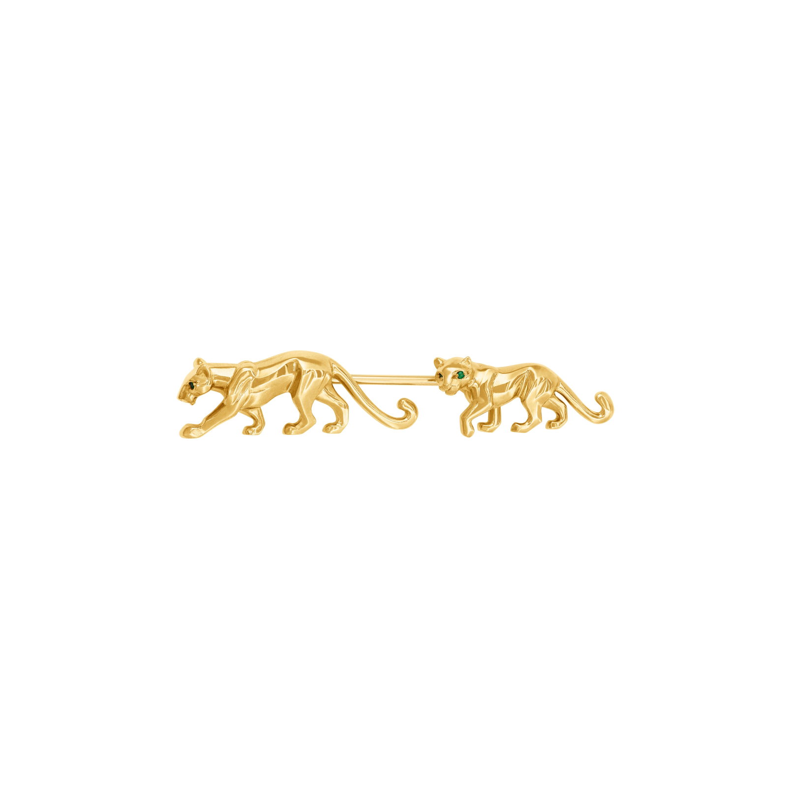 CARTIER EMERALD AND GOLD 'PANTHÈRE' JABOT-BROOCH: Details Designed as two panthères, round emeralds, 18k yellow gold (French marks), signed Cartier, numbered Size/Dimensions: 6.0 x 1.1 cm (23⁄8 x 3⁄8 in) Gross Weight: 13.7 grams