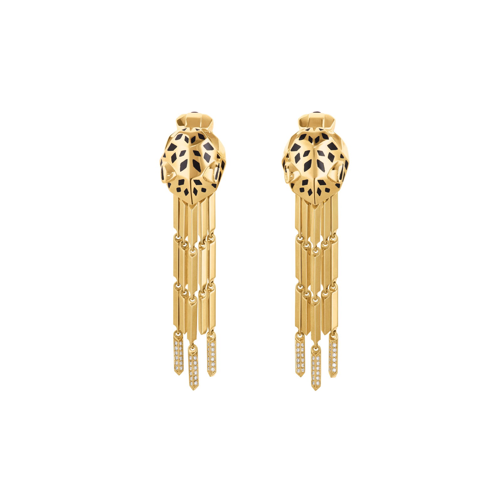 CARTIER MULTI-GEM, LACQUER AND DIAMOND 'PANTHÈRE' EARRINGS: Details Pear-shaped peridots, carved onyx, black lacquer, round diamonds, 18k yellow gold (French mark), signed Cartier, maker's mark (Etablissements Brun SA), numbered Size/Dimensions: 7.2 x 1.7 cm (