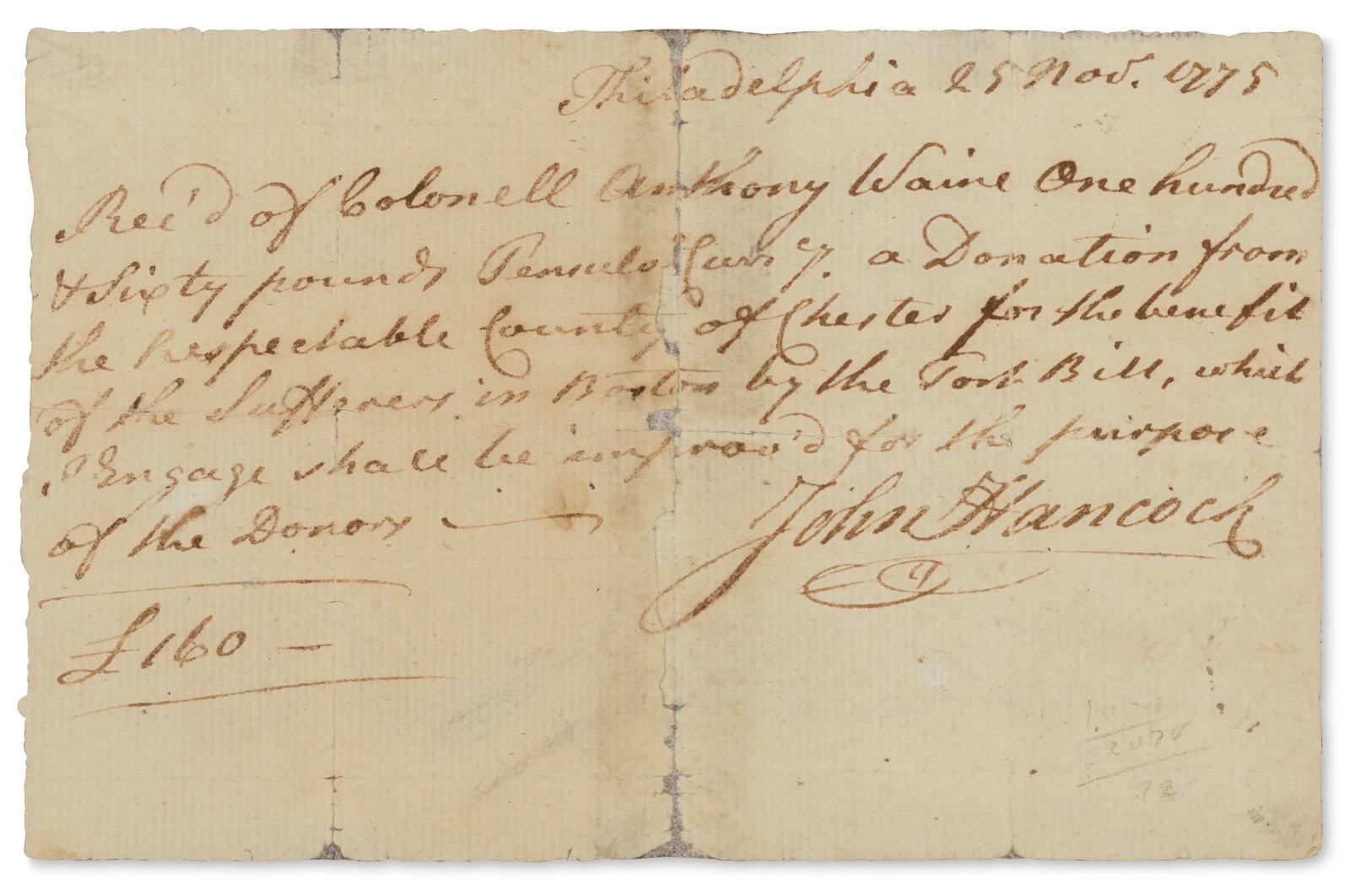 ANTHONY WAYNE DONATES FUNDS FOR THE "SUFFERERS IN BOSTON" (1 of 2)