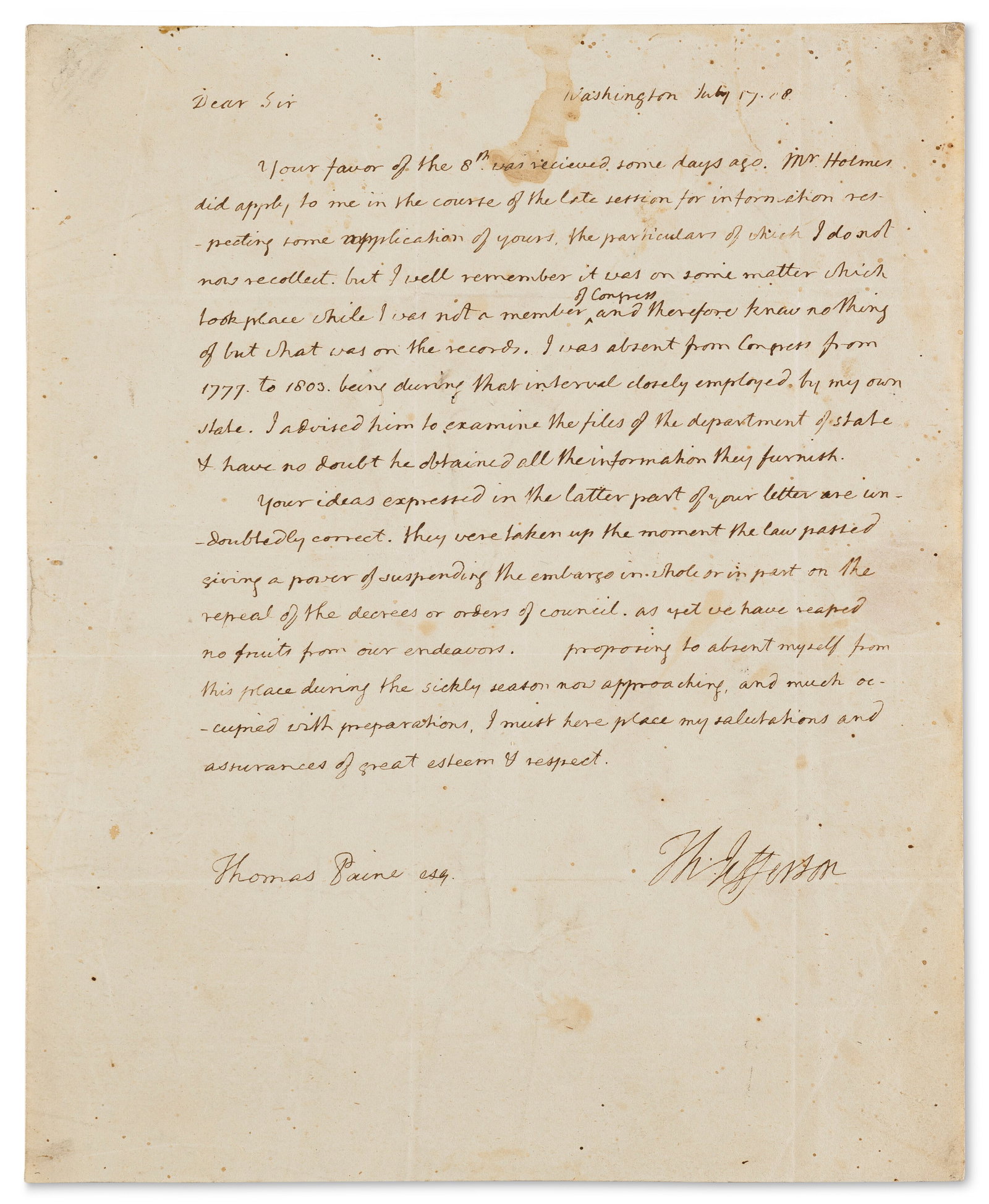 HIS FINAL LETTER TO THOMAS PAINE (1 of 3)