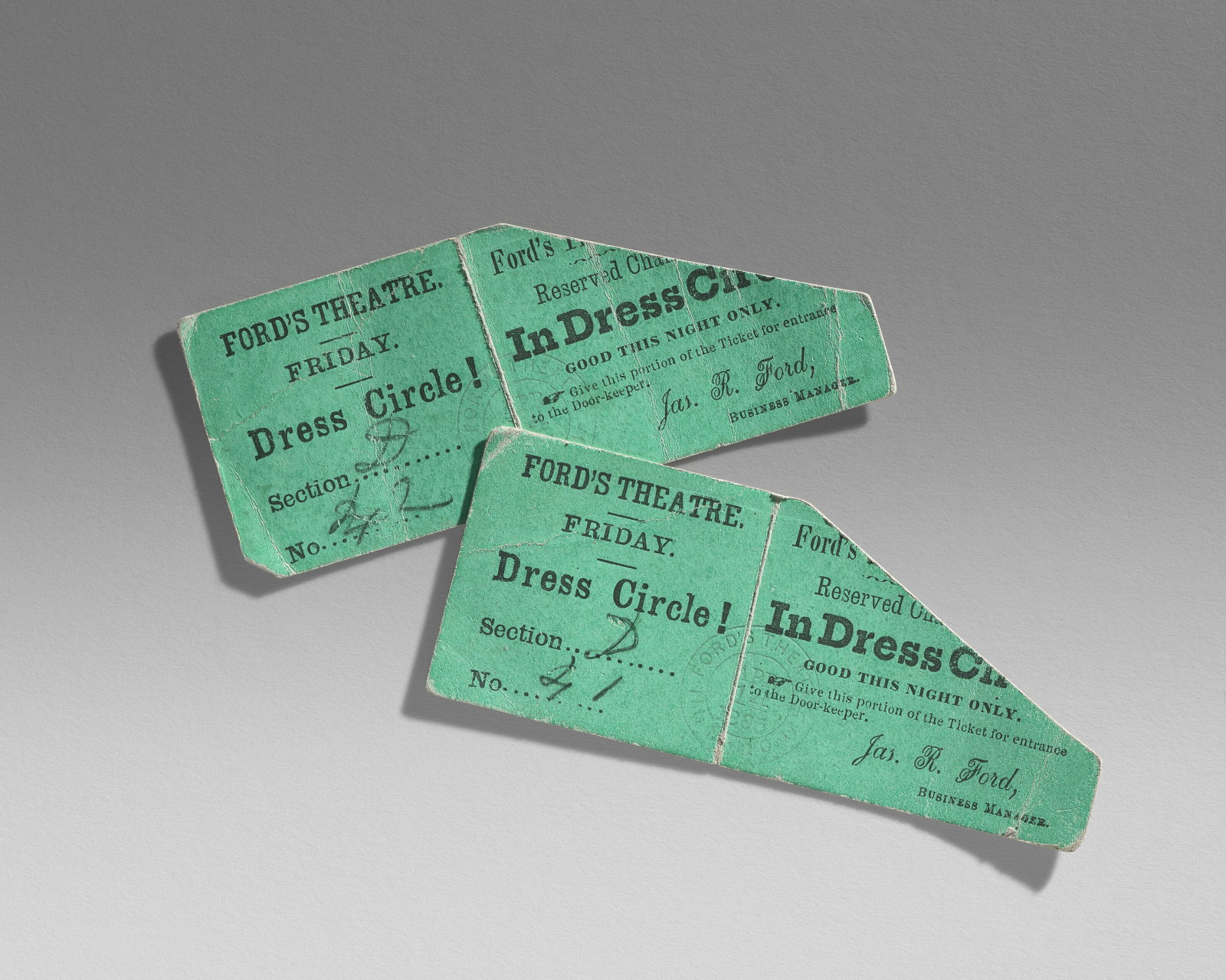 A PAIR OF USED DRESS CIRCLE TICKETS FOR THE NIGHT OF LINCOLN'S ASSASSINATION (1 of 1)