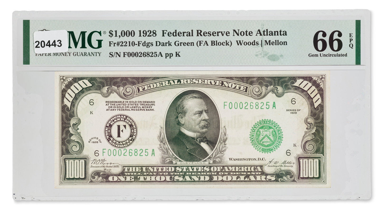 $1,000 FEDERAL RESERVE NOTE: $1,000 FEDERAL RESERVE NOTE ATLANTA, GA, 1928. Details $1,000 FEDERAL RESERVE NOTE ATLANTA, GA, 1928. $1,000 Federal Reserve Note, 1928, Atlanta, GA. Dark Green Seal. Fr. 2210-Fdgs. Serial #