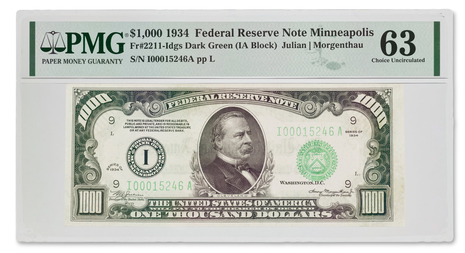 $1,000 FEDERAL RESERVE NOTE: $1,000 FEDERAL RESERVE NOTE MINNEAPOLIS, MN, 1934. Details $1,000 FEDERAL RESERVE NOTE MINNEAPOLIS, MN, 1934. $1,000 Federal Reserve Note, 1934, Minneapolis, MN. Dark Green Seal. Fr. 2211-Idgs.