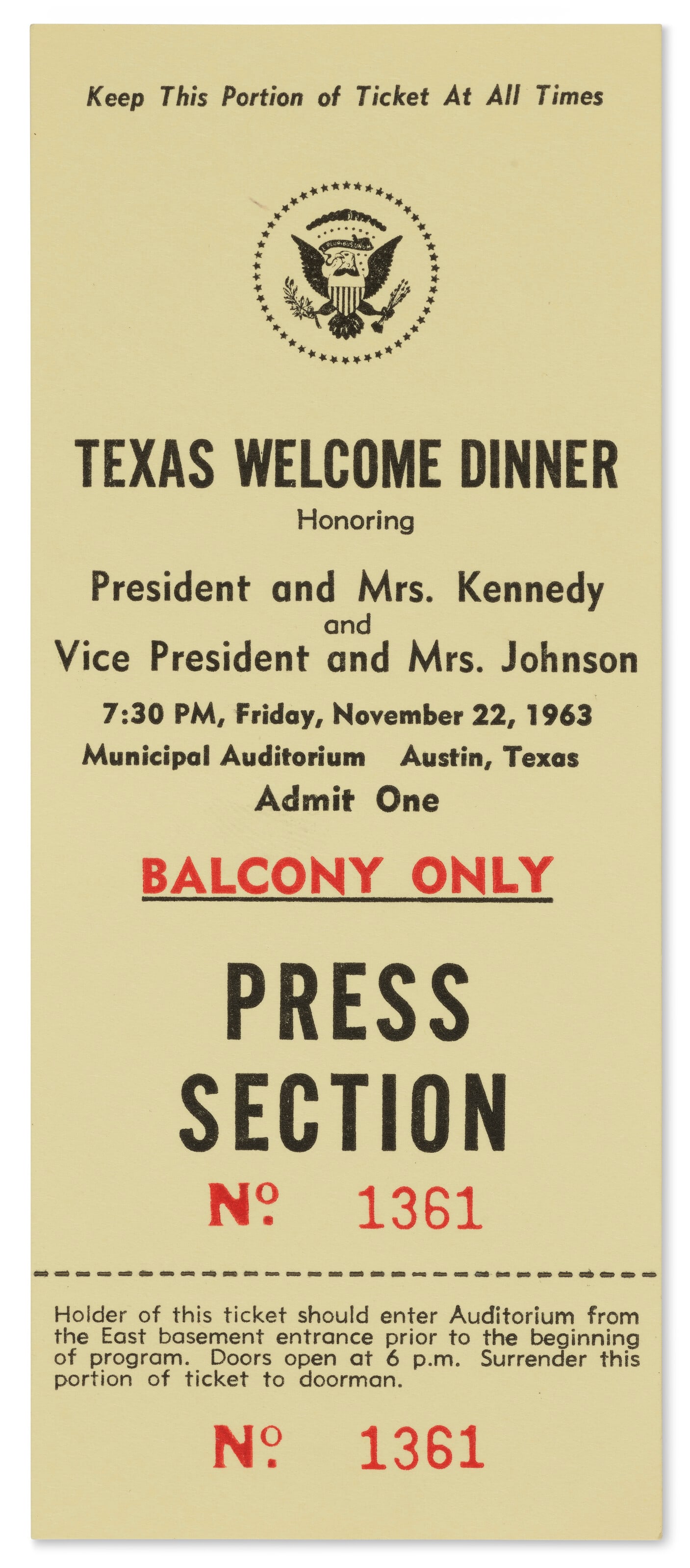 UNUSED TICKET AND PROGRAMS FROM KENNEDY’S TEXAS WELCOME DINNER (1 of 1)