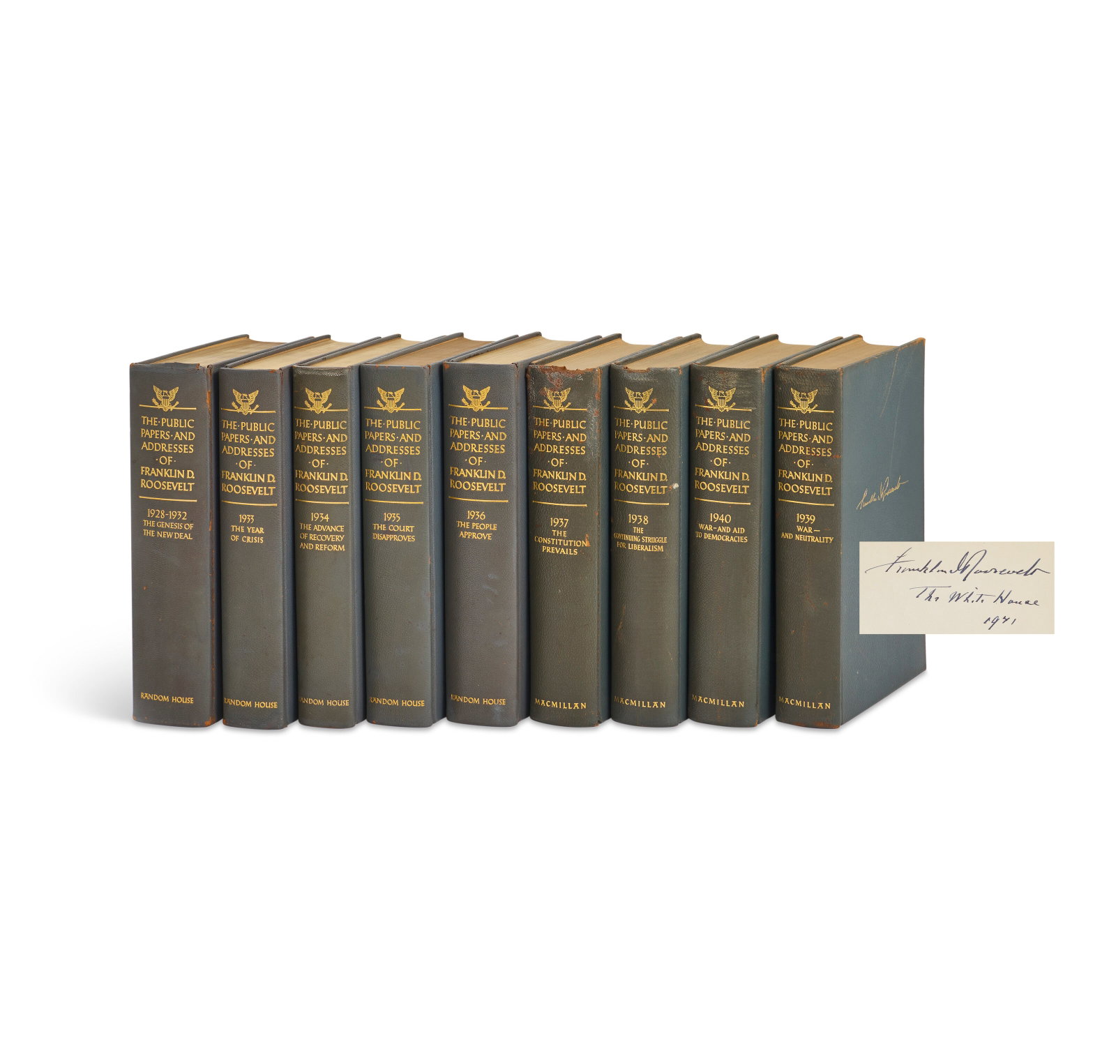 Publisher's presentation copy to FDR of The Public Papers and Addresses of Franklin D. Roosevelt (1 of 4)