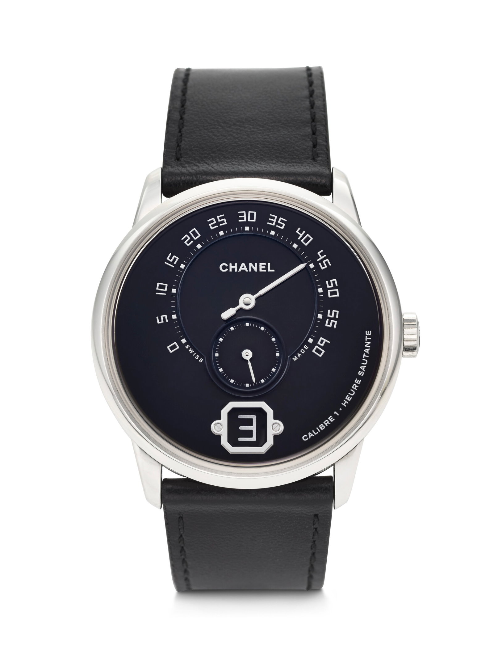 CHANEL, VERY IMPRESSIVE LIMITED EDITION PLATINUM JUMPING HOURS ‘MONSIEUR DE CHANEL' WITH: Details CIRCA: 2017 MOVEMENT NO: V1-00981 CASE NO: RFG27905 CASE MATERIAL: Platinum CASE DIAMETER: 40 mm. DIAL: Black Grand Feu Enamel MOVEMENT: Manual FUNCTIONS: Jumping hours, retrograde minutes BOX