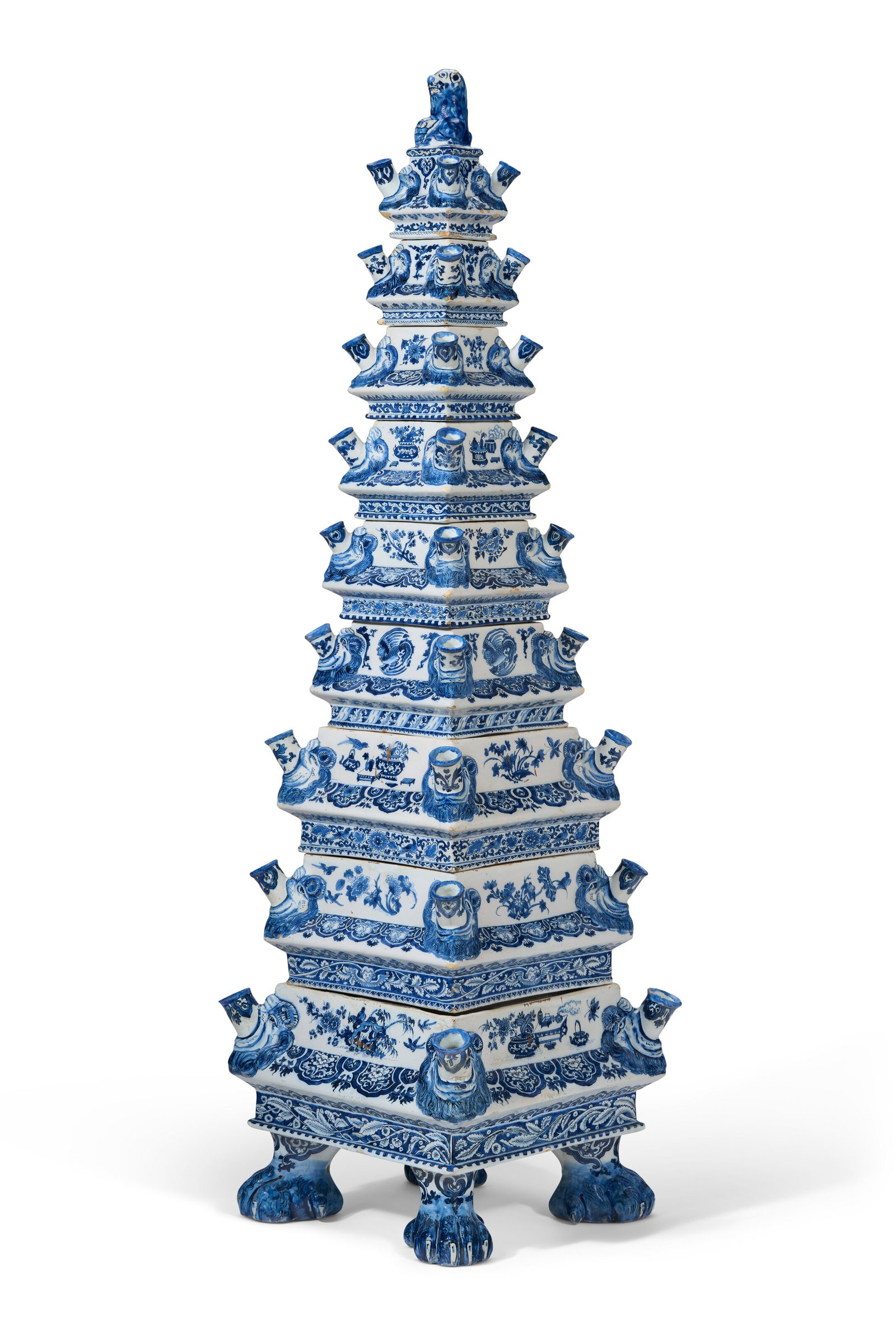A LARGE DUTCH DELFT BLUE AND WHITE NINE-TIER FLOWER PYRAMID LATE 17TH/18TH CENTURY, MARK FOR DE: Details A LARGE DUTCH DELFT BLUE AND WHITE NINE-TIER FLOWER PYRAMID LATE 17TH/18TH CENTURY, MARK FOR DE WITTE STAR WITH STAR ABOVE WB AND 7 Each of the nine sectioned tulipiere painted with Chinoiseri