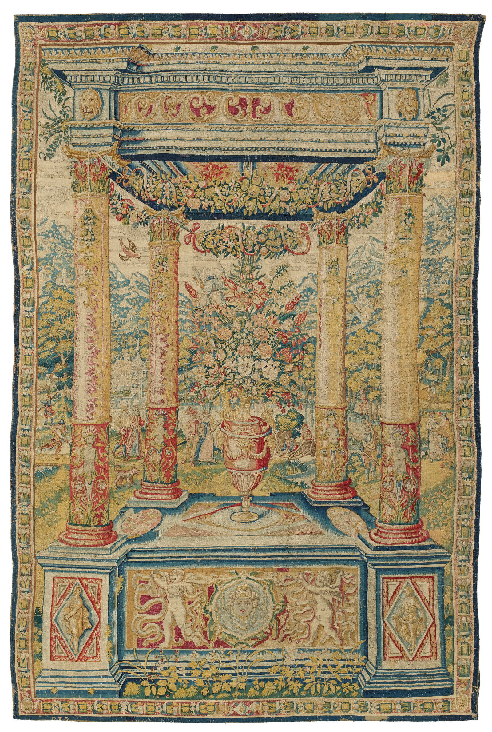 A SET OF FOUR FLEMISH PERGOLA TAPESTRIES BRUSSELS, CIRCA 1600: Details A SET OF FOUR FLEMISH PERGOLA TAPESTRIES BRUSSELS, CIRCA 1600 Woven in wools and silks, each depicting a classical pergola of Renaissance architectural design supported by columns hung with fl