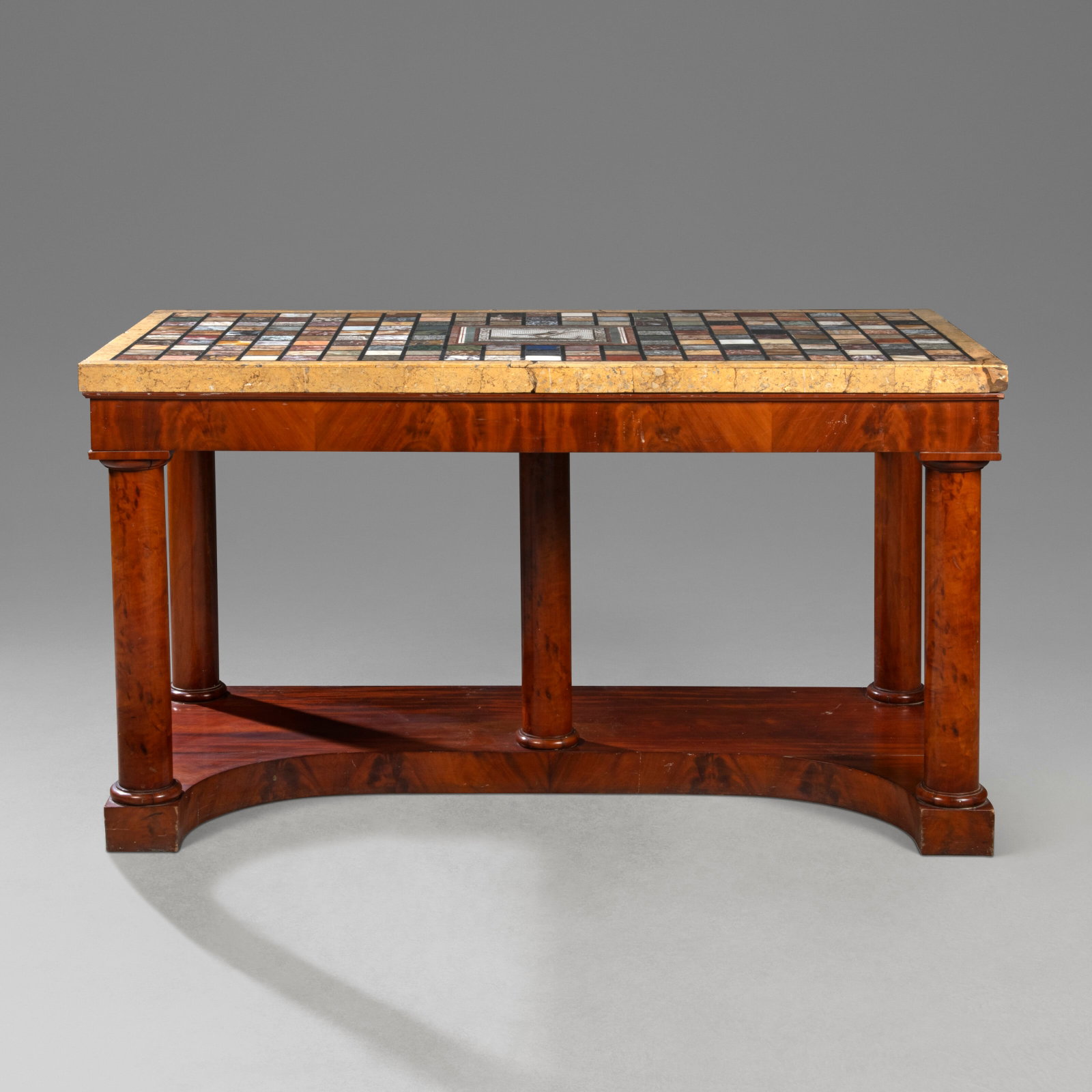 AN ITALIAN MAHOGANY, PIETRA DURA AND SPECIMEN MARBLE CONSOLE TABLE THE TOP CIRCA 1800, THE BASE (1 of 7)