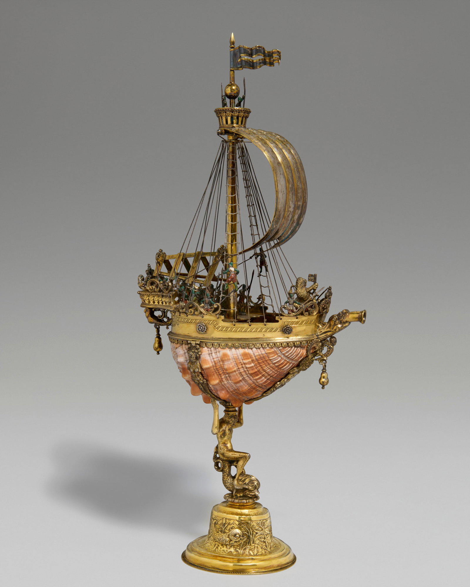 A GERMAN PARCEL-GILT SILVER-MOUNTED SHELL NEF BREMEN, CIRCA 1600, MAKER'S MARK L BENEATH A CORONET (1 of 5)