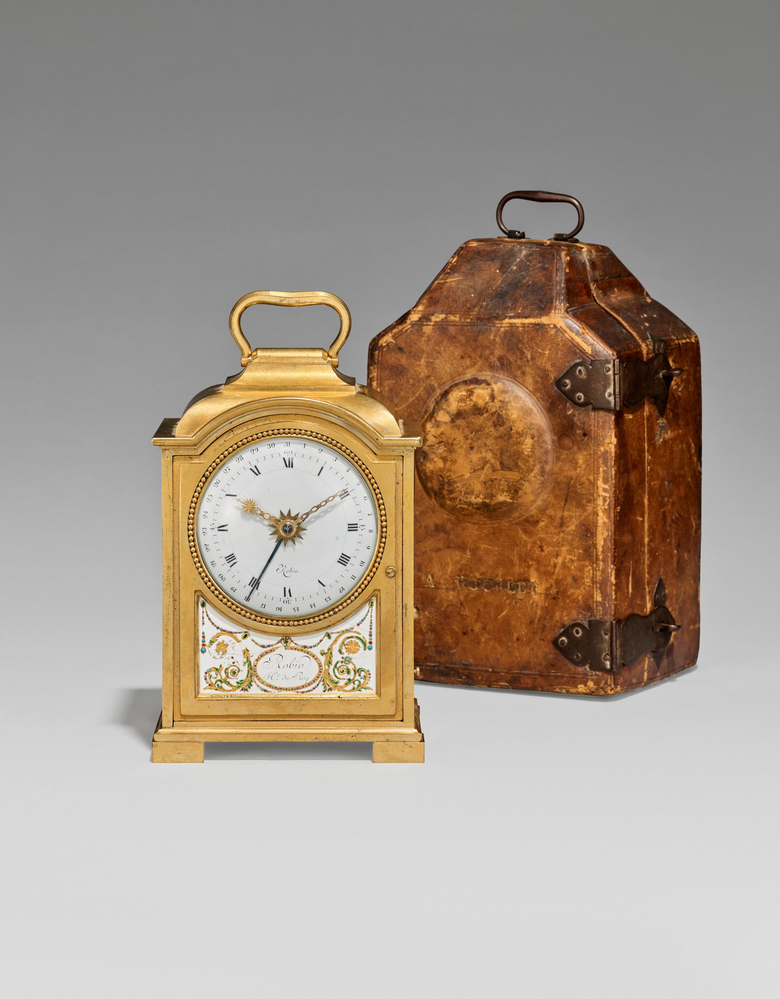 A FRENCH GILT-BRONZE AND ENAMEL TRAVELLING CLOCK WITH CALENDAR AND ALARM - PENDULE DE VOYAGE OR DE (1 of 7)