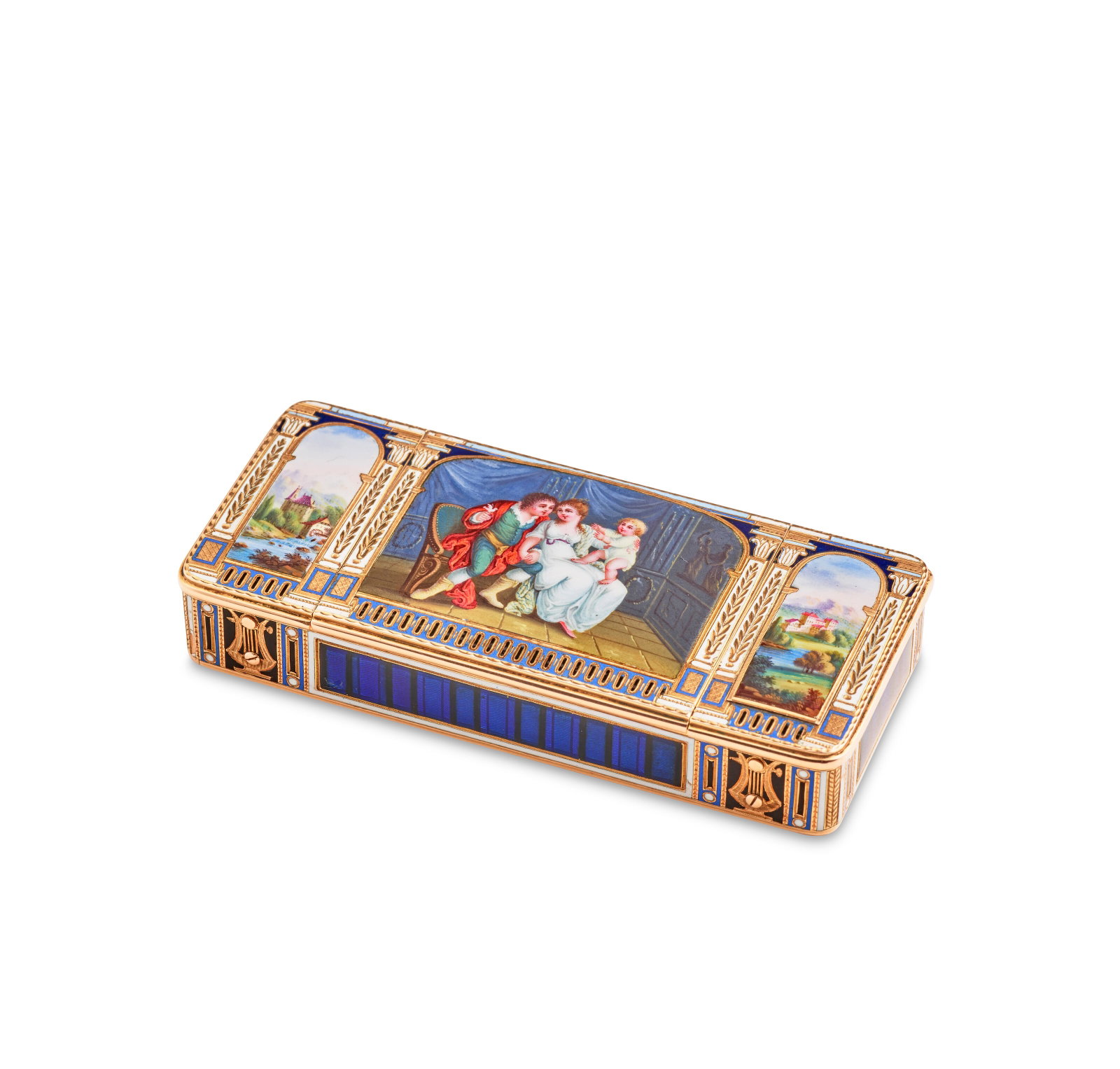 A RARE SWISS ENAMELLED GOLD THREE-COMPARTMENT MUSICAL BOX WITH AUTOMATON AND TIMEPIECE GENEVA, CIRCA (1 of 9)