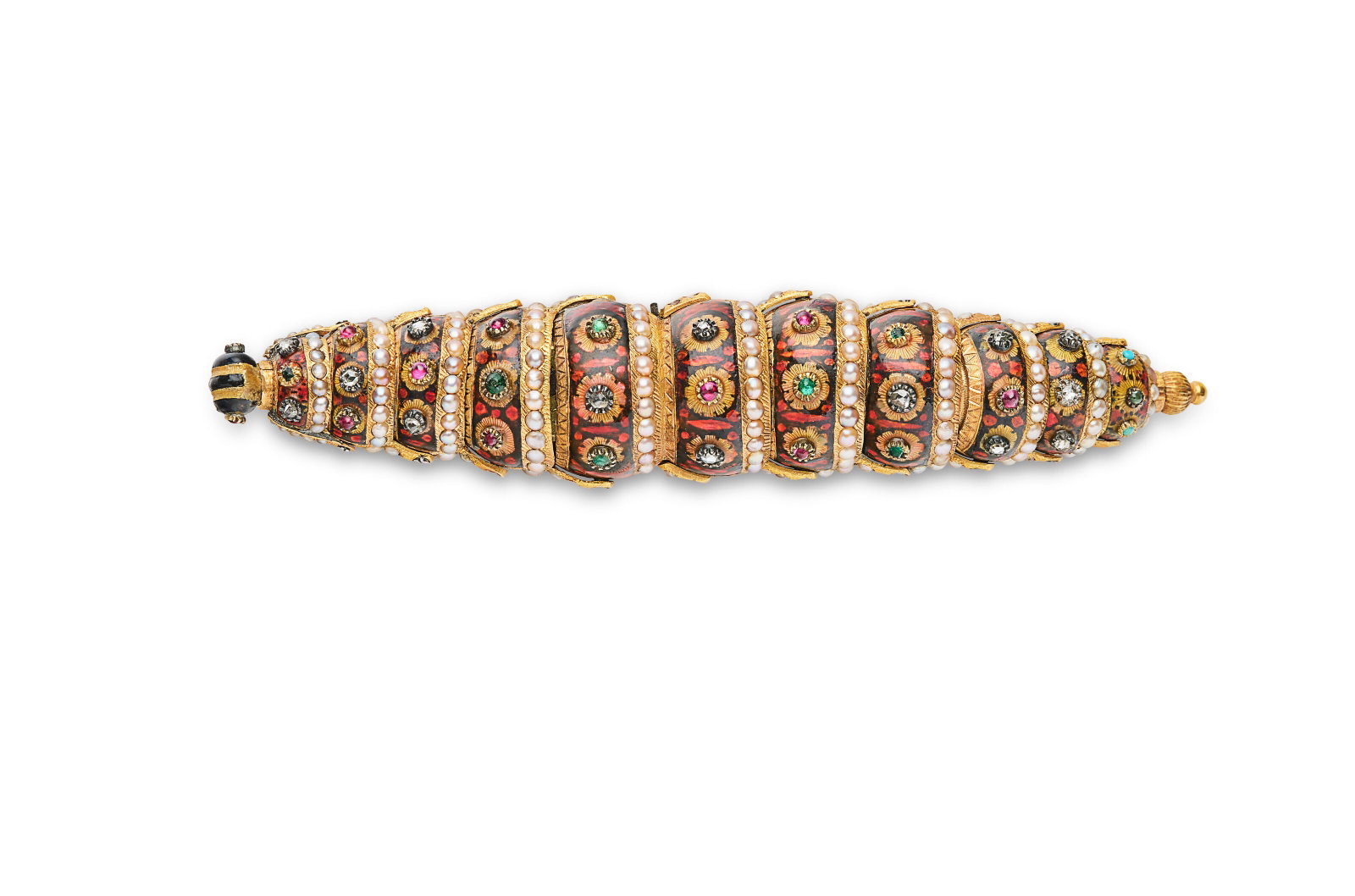 A RARE SWISS JEWELLED AND ENAMELLED GOLD AUTOMATON CATERPILLAR PROBABLY BY HENRI MAILLARDET, GENEVA, (1 of 3)