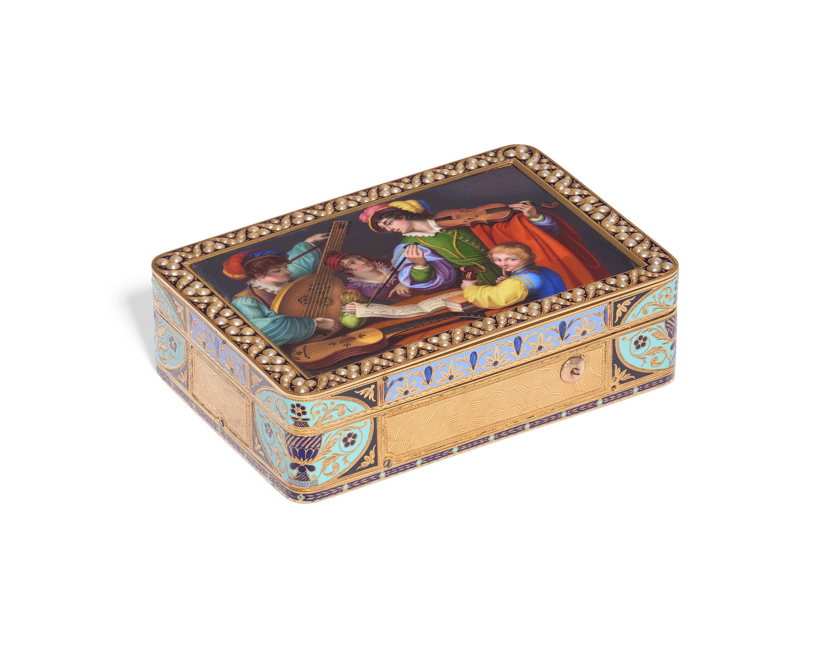 A SWISS JEWELLED AND ENAMELLED GOLD MUSICAL SNUFF-BOX FOR THE CHINESE MARKET MAKER'S MARK R IN A: Details A SWISS JEWELLED AND ENAMELLED GOLD MUSICAL SNUFF-BOX FOR THE CHINESE MARKET MAKER'S MARK R IN A HORIZONTAL LOZENGE BETWEEN TWO TRIANGLES, PROBABLY FOR RÉMOND, LAMY, MERCIER & CIE, GENEVA