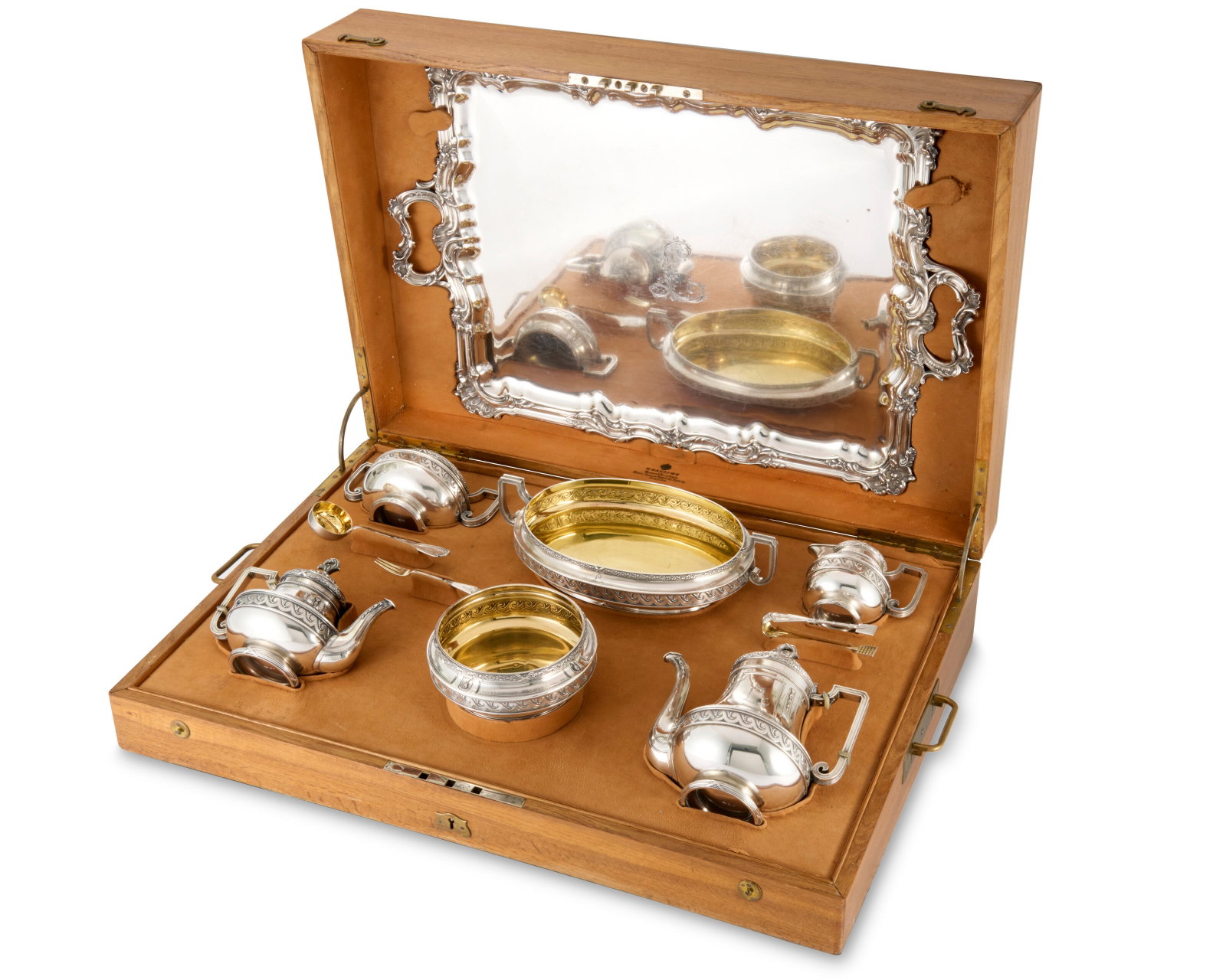 A LARGE AND IMPRESSIVE PARCEL-GILT SILVER TEA AND COFFEE SERVICE BY FABERGÉ, MOSCOW, 1908-1917, (1 of 6)