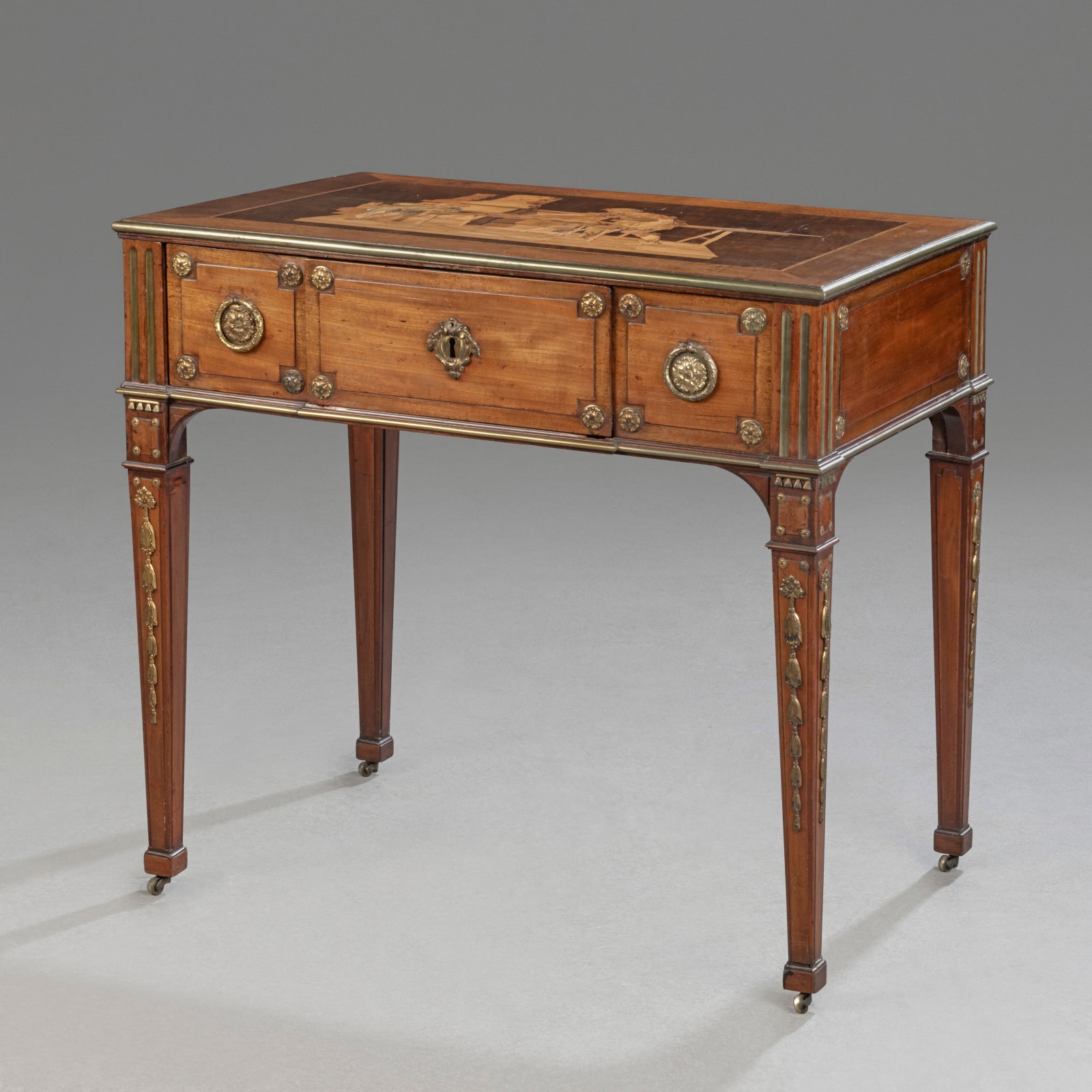 A LOUIS XVI ORMOLU-MOUNTED MAHOGANY, YEWWOOD, SYCAMORE AND FRUITWOOD MARQUETRY TABLE A ECRIRE (1 of 9)