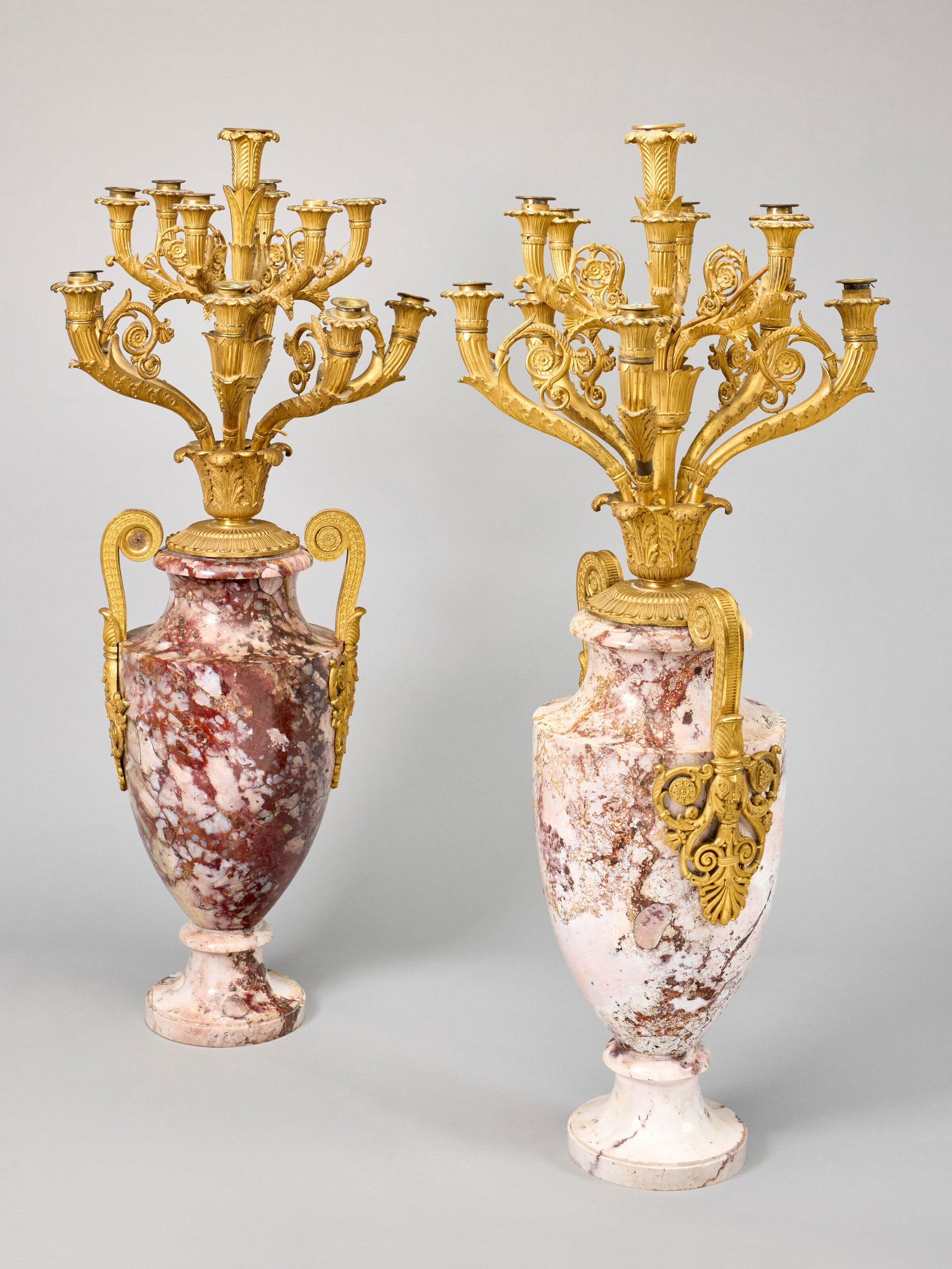 A PAIR OF EMPIRE ORMOLU AND URAZOVSK JASPER THIRTEEN-LIGHT CANDELABRA FIRST QUARTER 19TH CENTURY, (1 of 5)