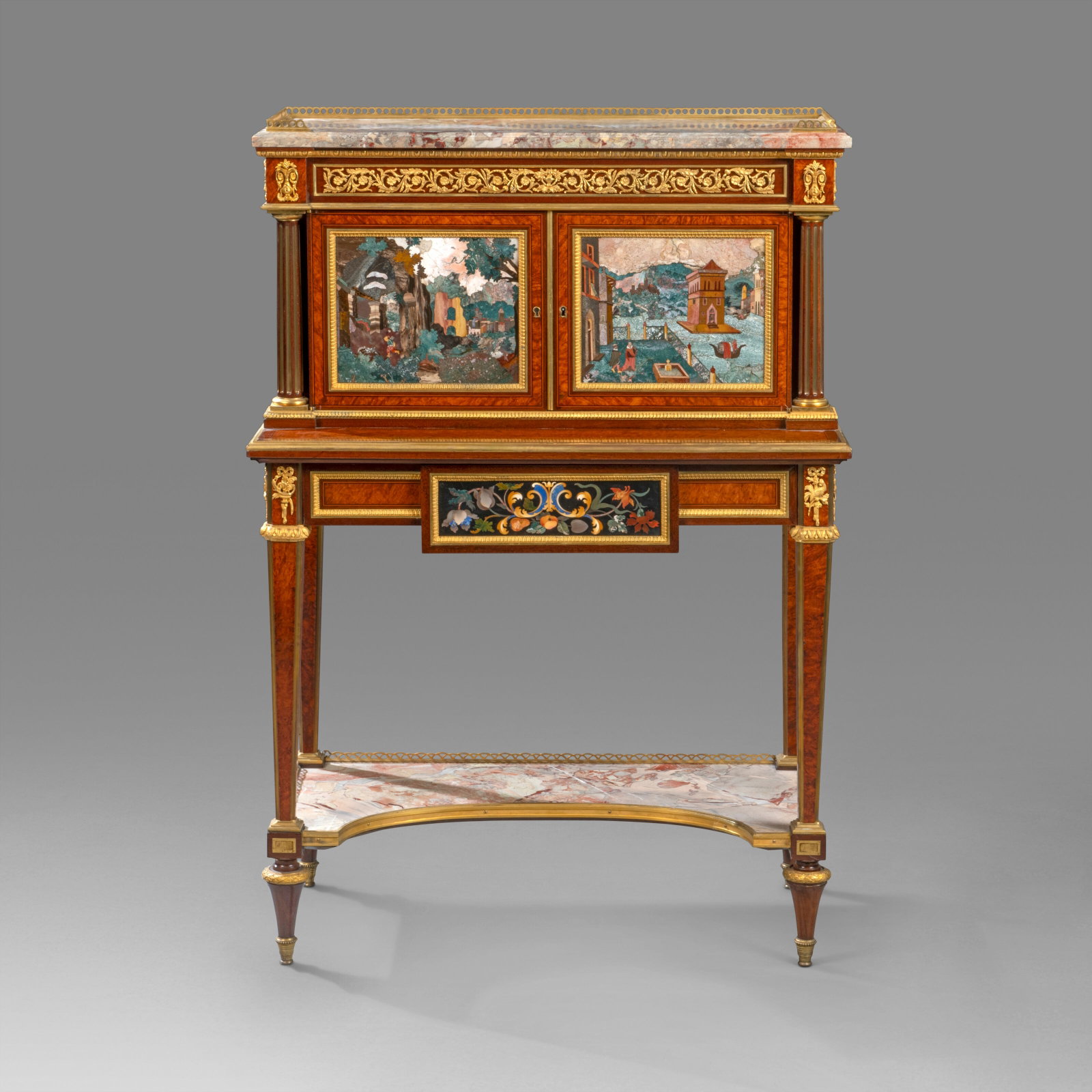 A FRENCH ORMOLU-MOUNTED PIETRA DURA, AMBOYNA, MAHOGANY AND AMARANTH BONHEUR DU JOUR THE BOHEMIAN (1 of 9)