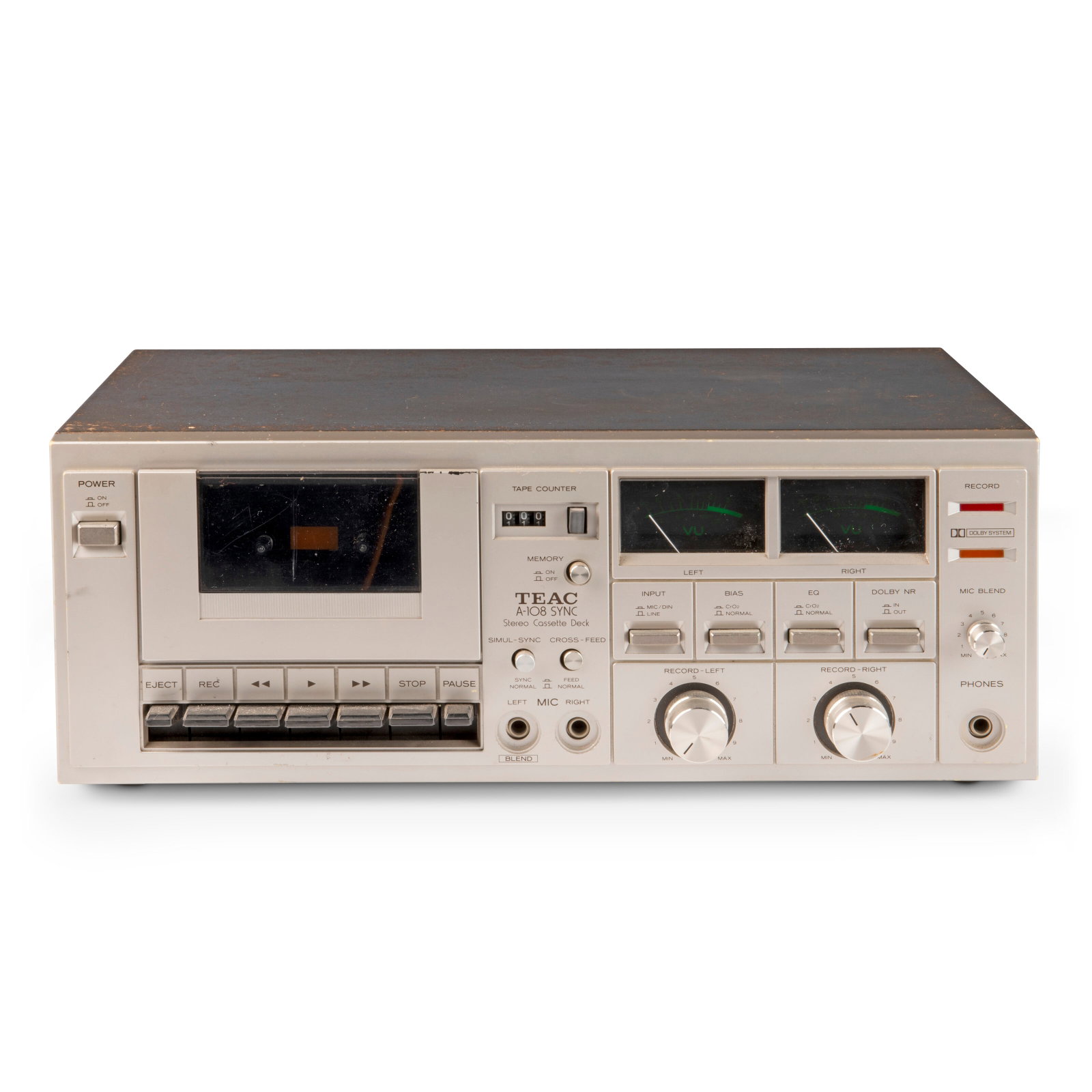 A SIMUL-SYNC STEREO CASSETTE DECK, A-108 SYNC BY TEAC, TOKYO, JAPAN, CIRCA 1980: Details A SIMUL-SYNC STEREO CASSETTE DECK, A-108 SYNC BY TEAC, TOKYO, JAPAN, CIRCA 1980 Serial no. 17554 6 1⁄8 x 16 1⁄8 x 10 5⁄8 in. (15.5 x 41 x 27 cm.) Literature G. Twigg, ‘