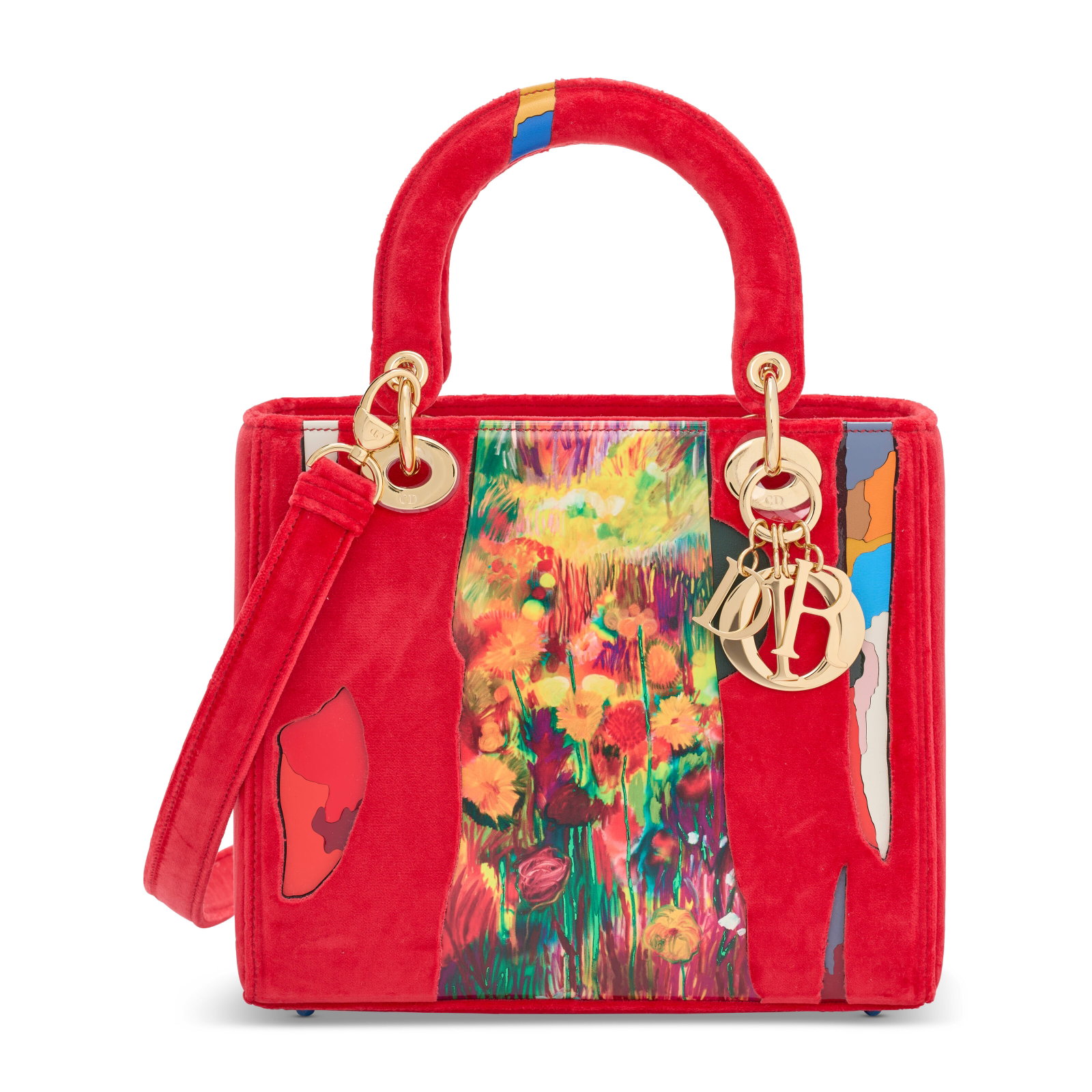 A LIMITED EDITION EDITION RED VELVET & MULTICOLOR PVC LADY ART 7 MEDIUM LADY DIOR BAG WITH GOLD: Details GRADE: 1 24 w x 21 h x 11 d cm Includes dust bag, shoulder strap, quality card, care card, ribbon, and box.