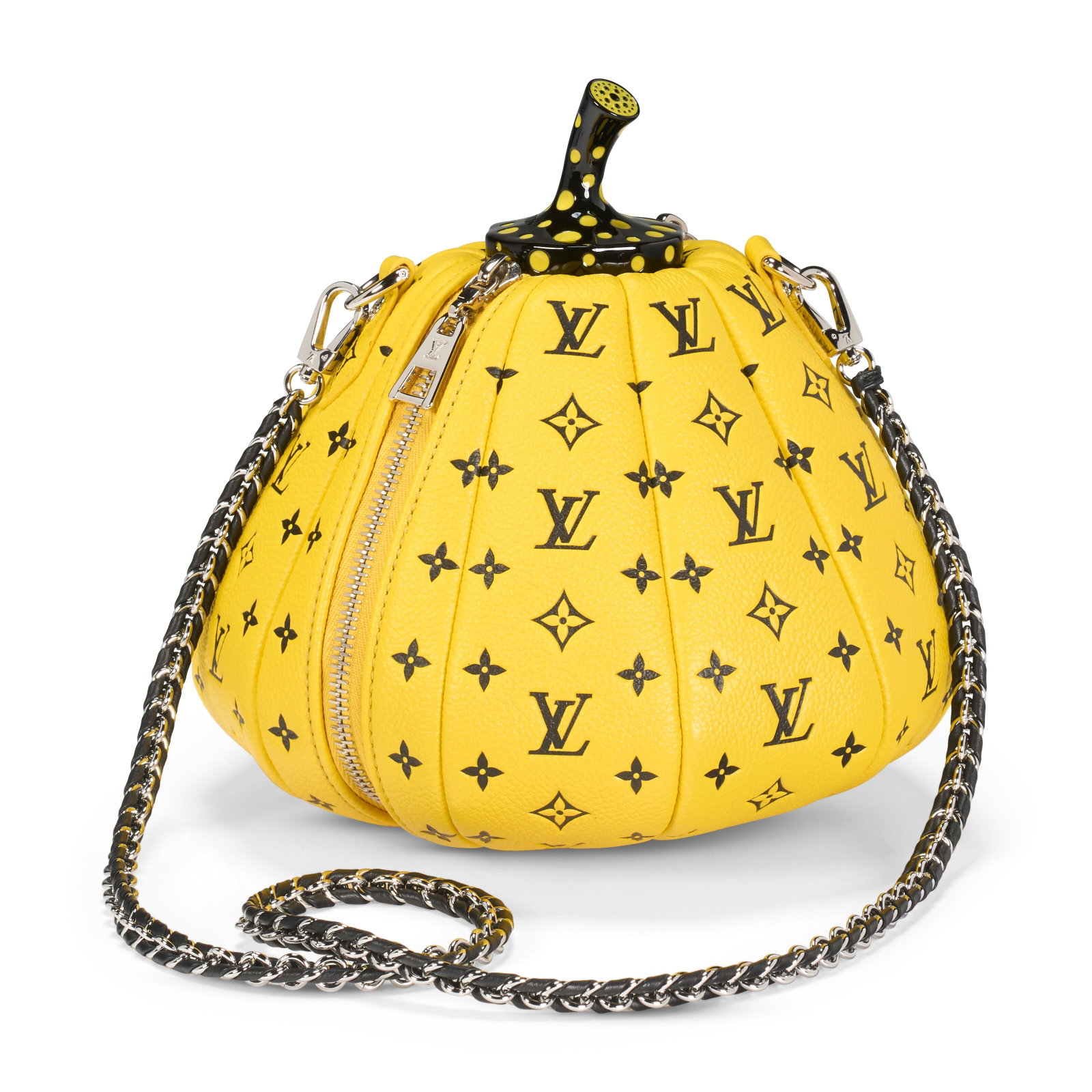 A LIMITED EDITION YELLOW & BLACK MONOGRAM LEATHER PUMPKIN BAG WITH SILVER HARDWARE BY YAYOI KUSAMA: Details GRADE: 1.5 18 w x 20 h x 20 d cm Includes shoulder strap, dust bag, and original box.