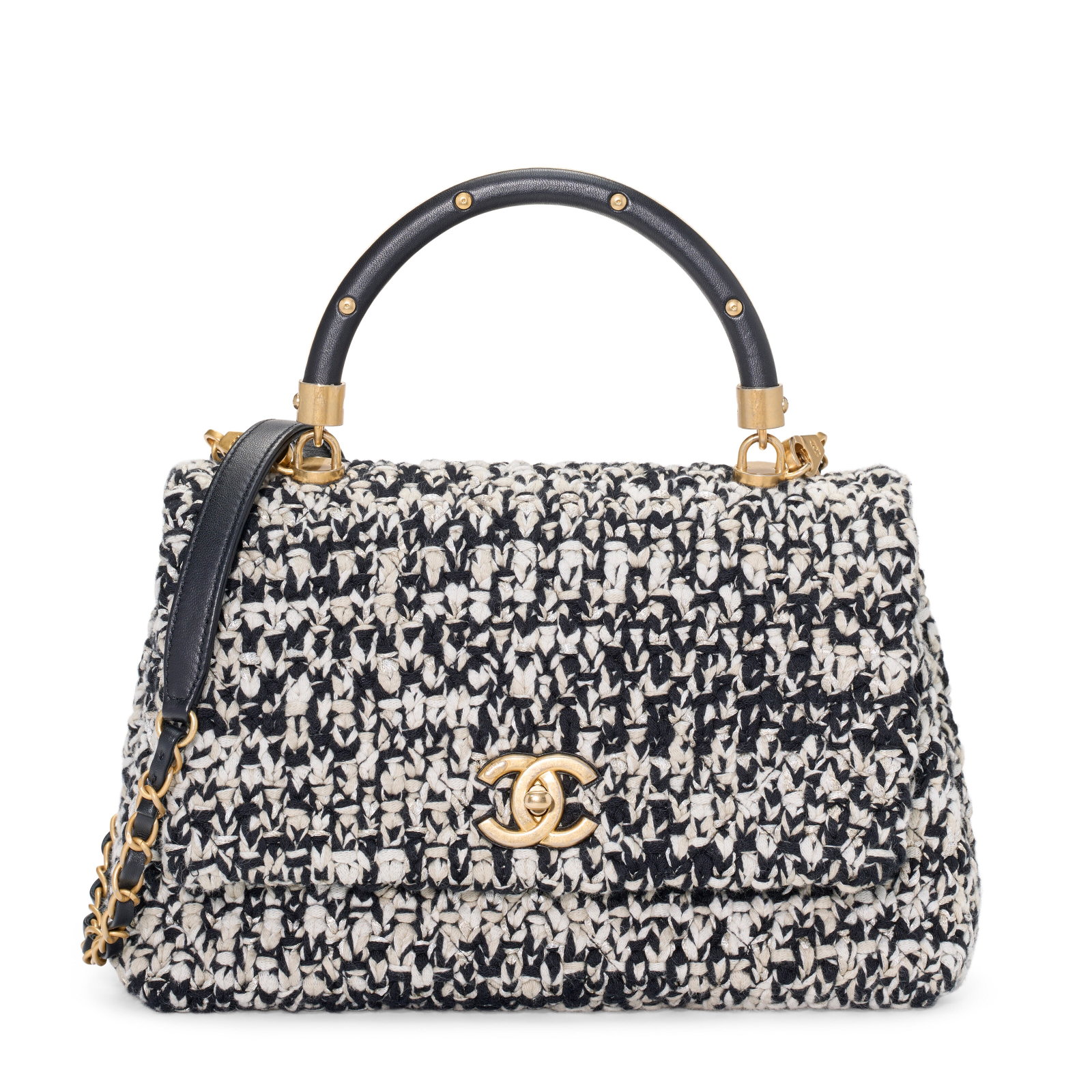 A BLACK & WHITE TWEED COCO HANDLE BAG WITH ANTIQUED GOLD HARDWARE CHANEL, 2018: Details GRADE: 2 27 w x 16 h x 11 d cm Includes authenticity card, shoulder strap and dust bag.