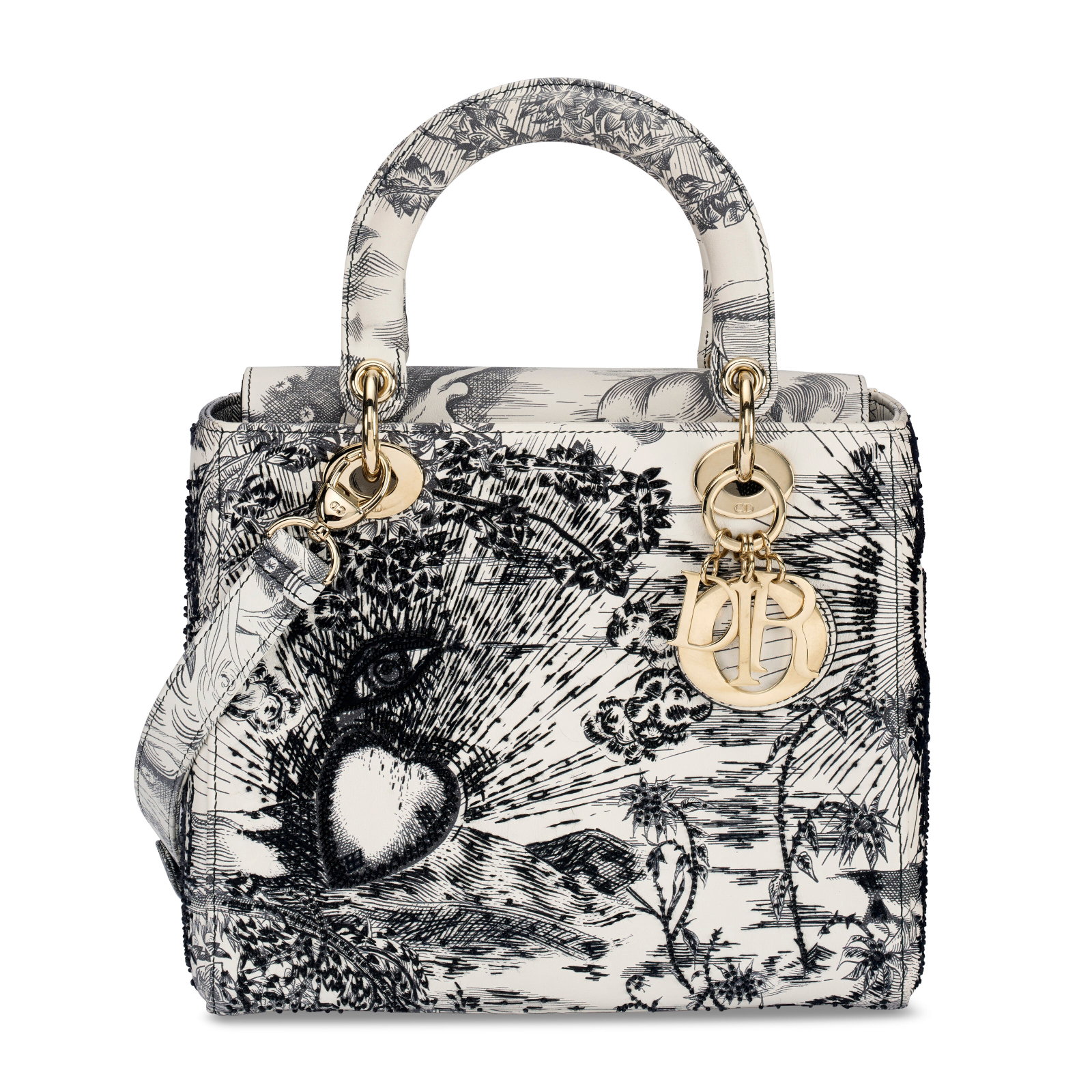 A BLACK & WHITE BEADED, EMBROIDERED & PRINTED LEATHER MEDIUM LADY DIOR WITH GOLD HARDWARE DIOR, 2020: Details GRADE: 2 25 w x 20 h x 13 d cm Includes strap, care booklet, authenticity card & Christie's dustbag.