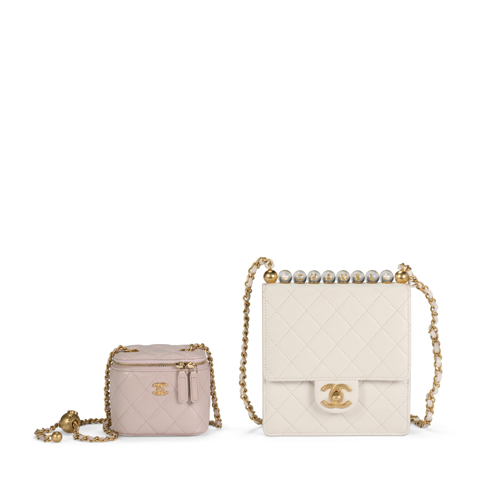 A SET OF TWO: A WHITE QUILTED LAMBSKIN LEATHER CHIC PEARLS FLAP BAG & A LIGHT PURPLE QUILTED