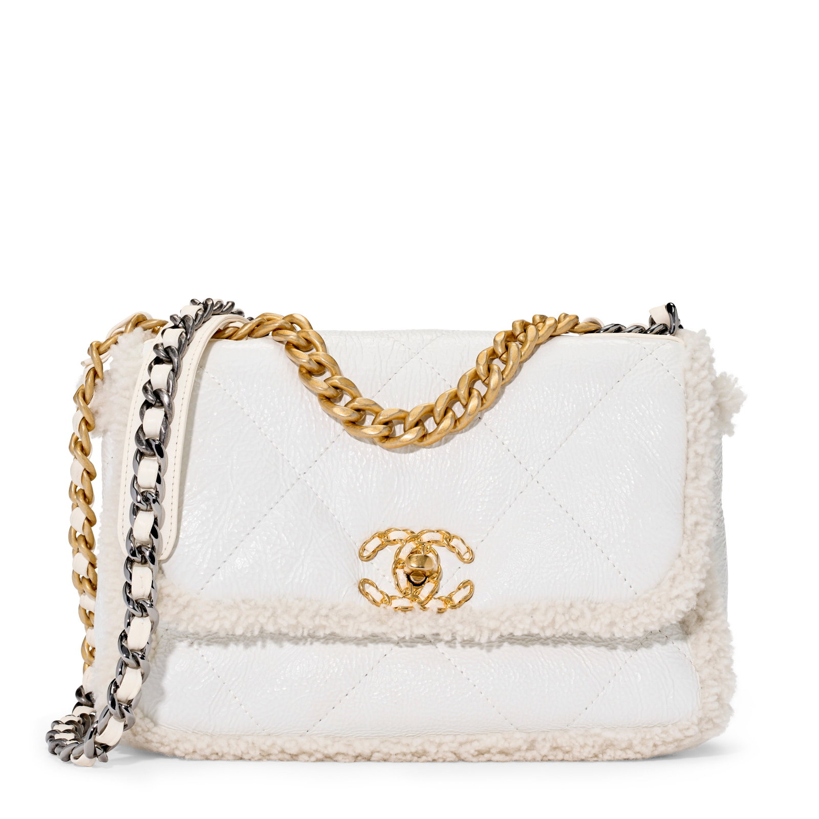 A WHITE SHEARLING & CRINKLE PATENT LEATHER FLAP 19 WITH ANTIQUED GOLD & SILVER HARDWARE CHANEL,: Details GRADE: 2 27 w x 18 h x 10 d cm Includes dust bag.