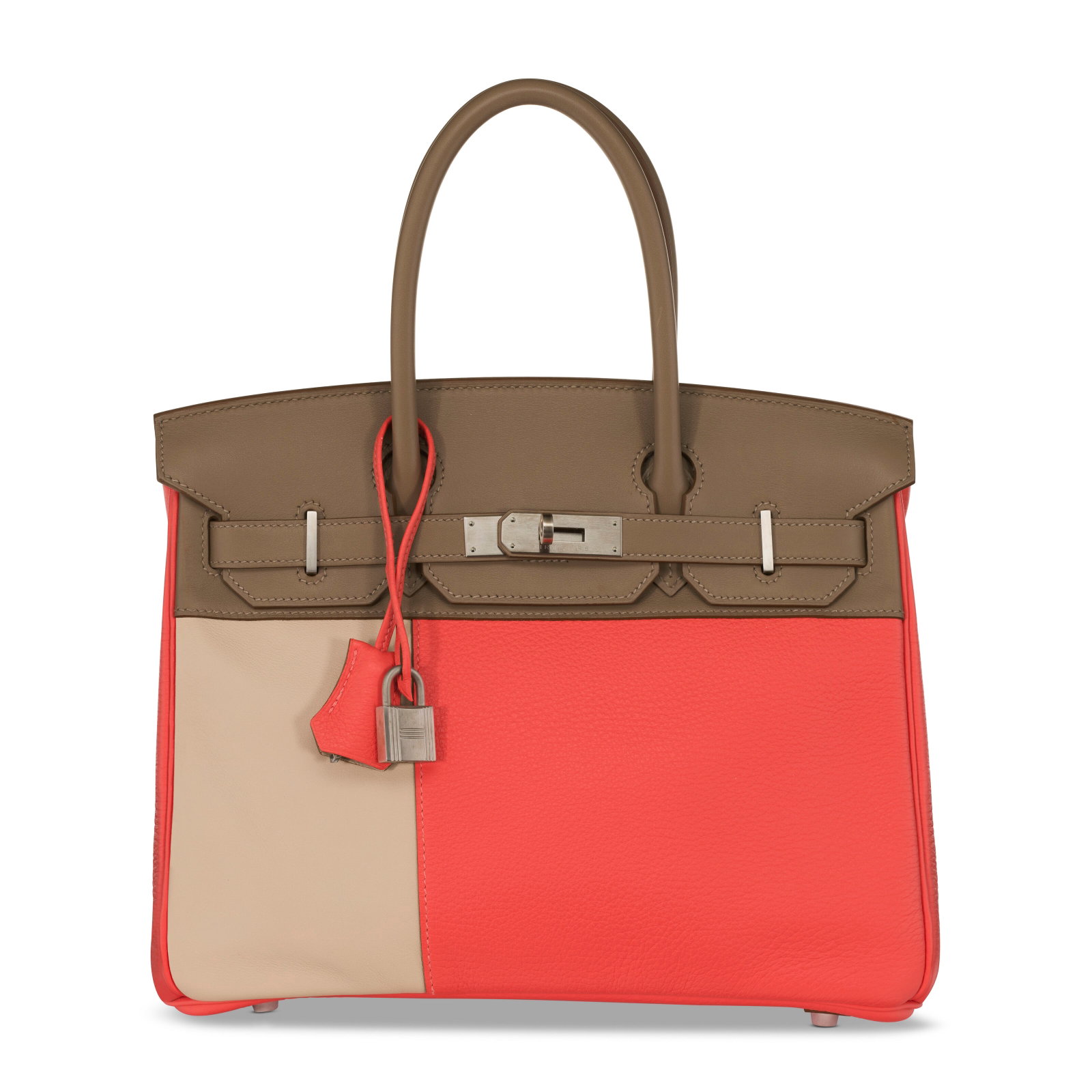 A LIMITED EDITION ROSE JAÏPUR CLÉMENCE LEATHER, ARGILE & ÉTOUPE SWIFT LEATHER CASCADE: Details GRADE: 2 30 w x 22 h x 15 d cm Includes lock, keys, clochette, small dust bag, dust bag, felt protector and rain protector.