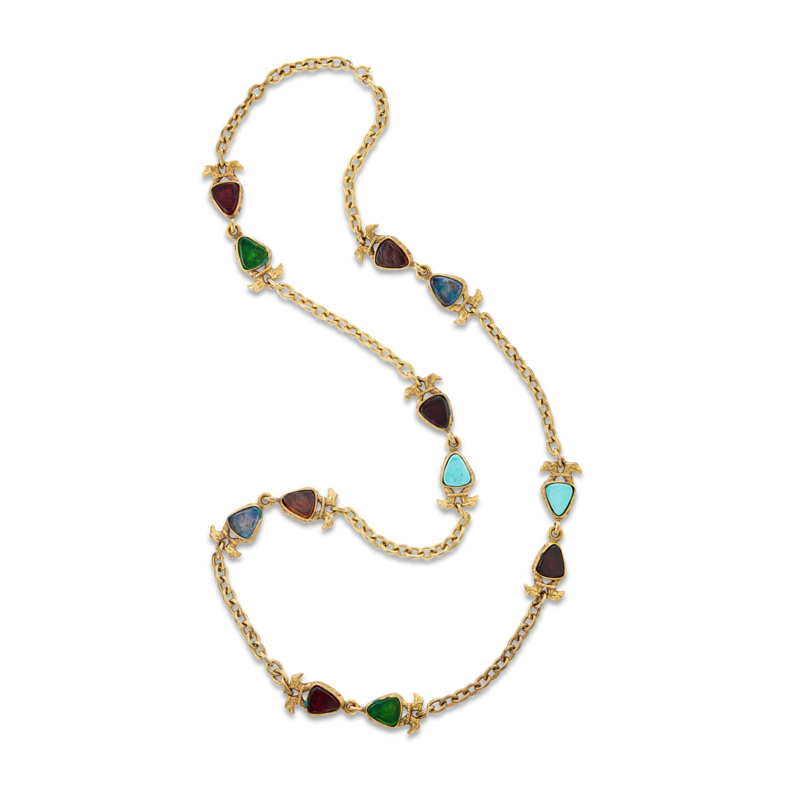 A RARE RED, GREEN & BLUE GRIPOIX GLASS & GOLD METAL EAGLE NECKLACE CHANEL HAUTE COUTURE, 1954 - 1971: Details GRADE: 2 100 l cm