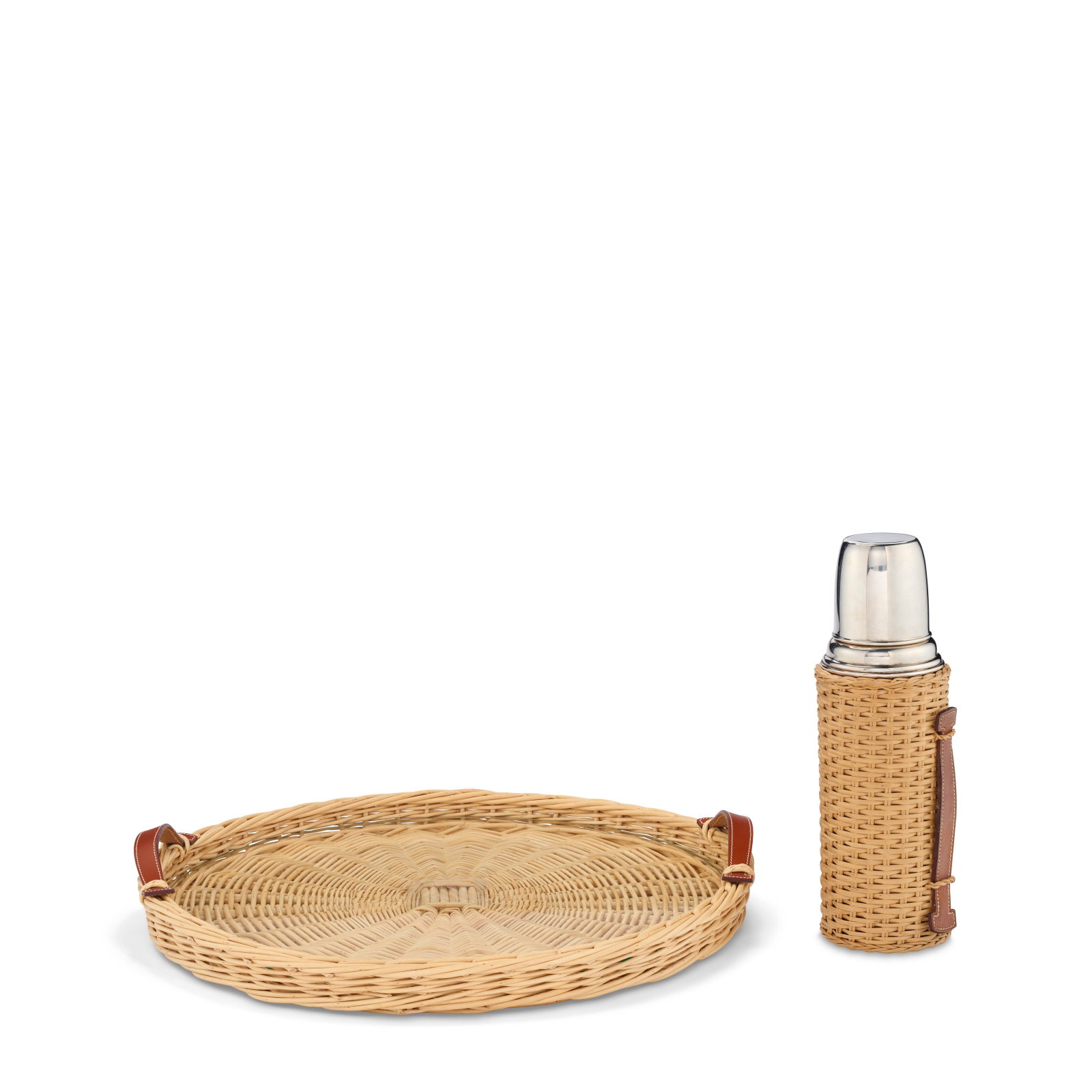 A SET OF TWO: FAUVE BARENIA LEATHER & OSIER WICKER PICNIC TRAY & THERMOS HERMÈS, CIRCA 1990'S (1 of 2)