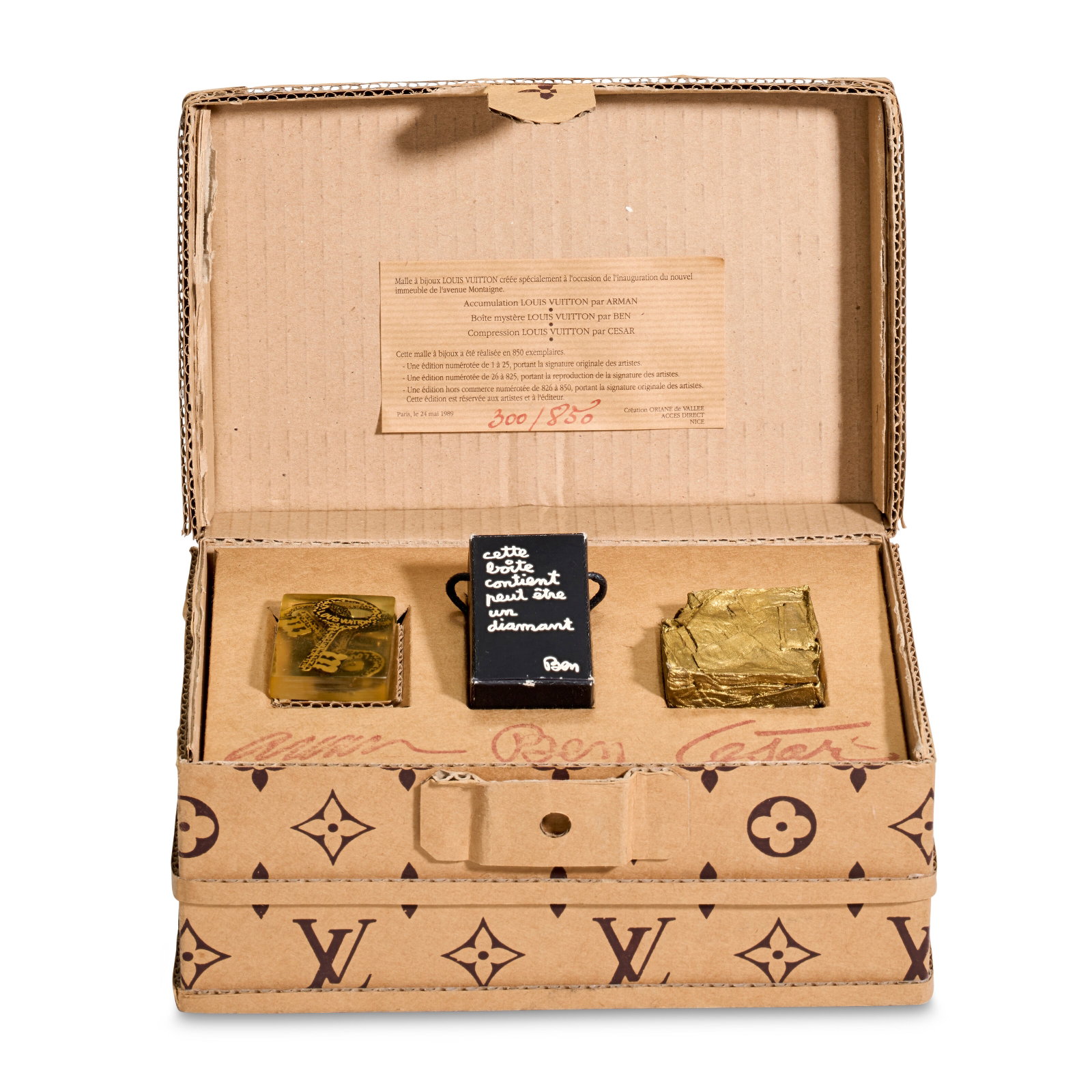 A RARE MONOGRAM CARDBOARD MALLE A BIJOUX INVITATION BOX JEWELRY SET, 300/850 LOUIS VUITTON, ARMAN, (1 of 6)